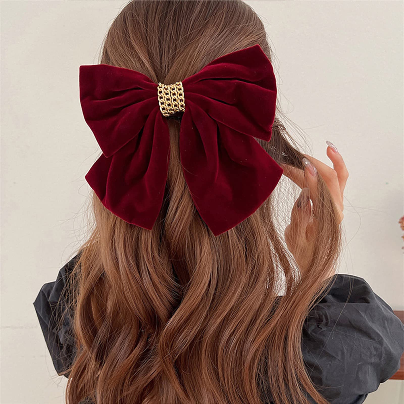Large Hair Bows for Women Big Bow Hair Clip Girl French Barrette with Long Silky Satin Ribbon Solid Color Bowknot Hairpin Simple Lady Barrettes Hair Fastener Scrunchies Accessories (Black & Burgundy)