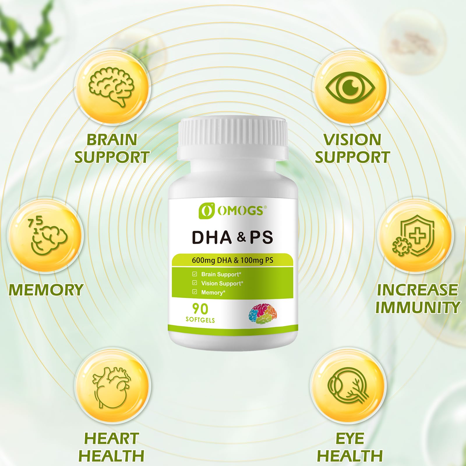 OMOGS Algae DHA - 600 mg Omega-3 DHA Softgels, with Phosphatidylserine & Walnut Oil, Supports Healthy Brain Function, Vision, Eye & Memory, Gluten Free, Non-GMO Vegan Algae Oil, 90 Softgels