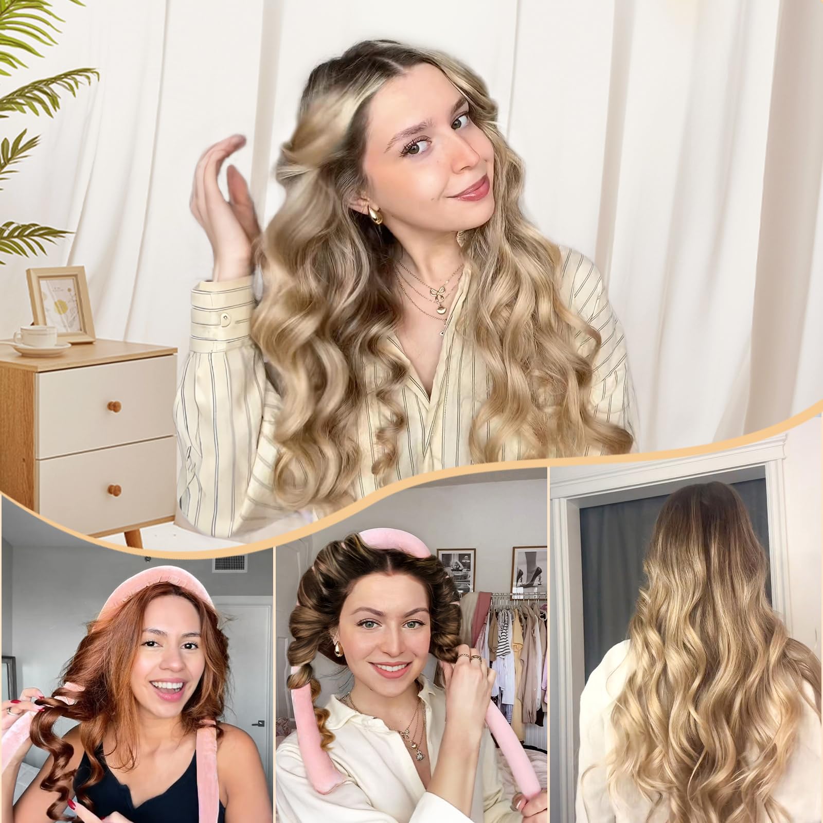 Yanibest Heatless Hair Curler to Sleep in, Overnight Curl Headband for Natural Wavy Curls, No Heat Soft Hair Curler Set with Hair Clip Scrunchies for Styling, No Slip Heatless Curls