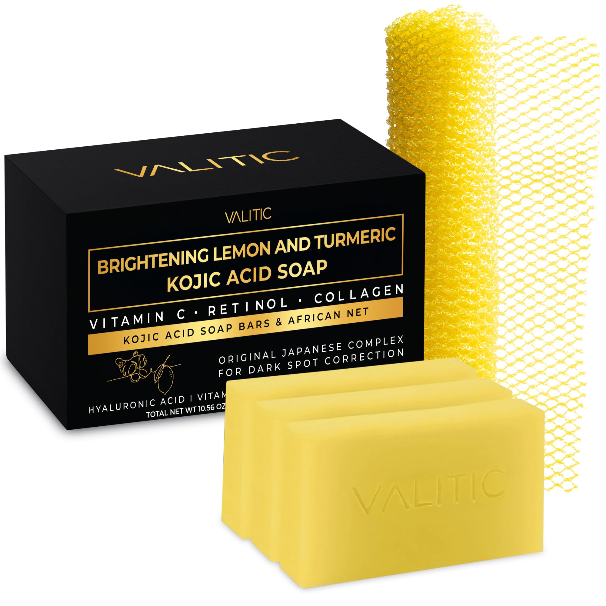 VALITIC Brightening Lemon & Turmeric Kojic Acid Soap, Vitamin C, Retinol - Original Japanese Complex with Hyaluronic Acid, Vitamin E, Shea Butter, Castile Olive Oil - 3 Pack Bundle with African Net