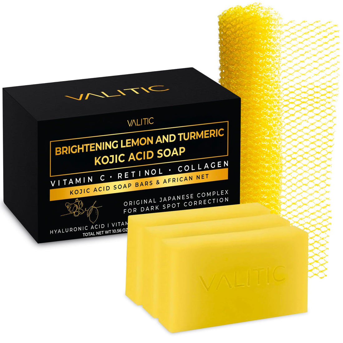 VALITIC Brightening Lemon & Turmeric Kojic Acid Soap, Vitamin C, Retinol - Original Japanese Complex with Hyaluronic Acid, Vitamin E, Shea Butter, Castile Olive Oil - 3 Pack Bundle with African Net