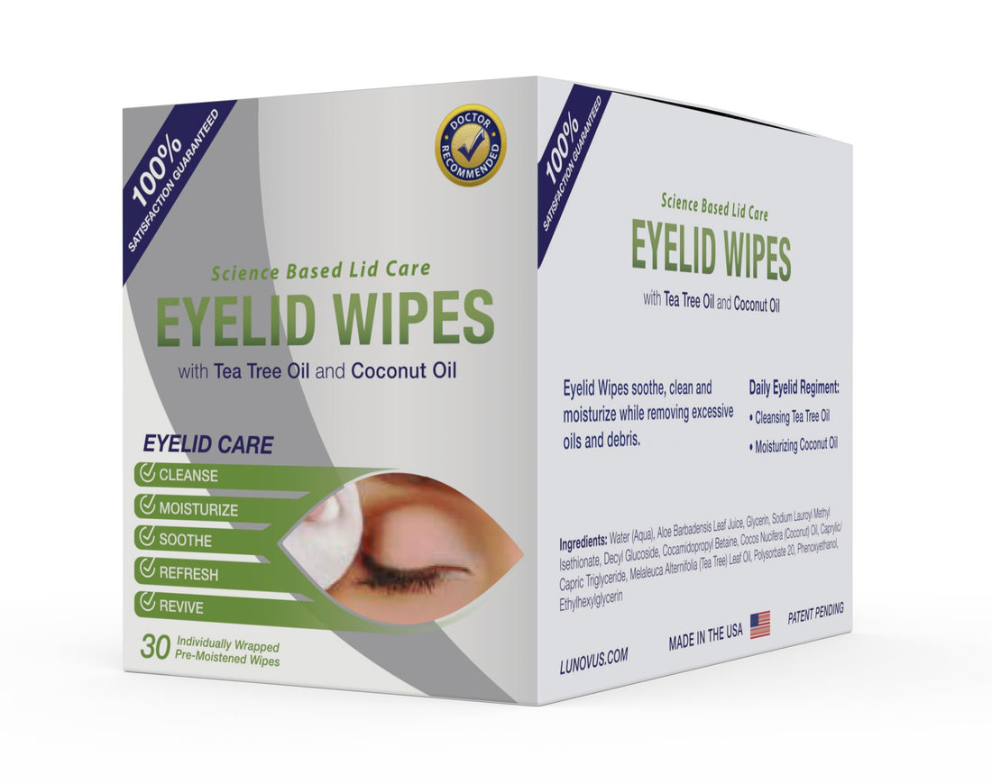 Eyelid Wipes With Tea Tree and Coconut Oil - Cleansing Eye Wipes for People Itchy Eyes - Box Of 30 Natural Eye Wipes
