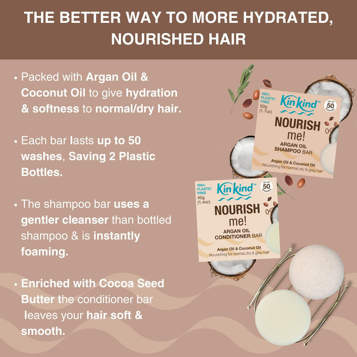KinKind NOURISH me! Shampoo Bars and Conditioner Set | Argan Oil and Coconut Oil for Hydration & Softness | For normal, dry and grey hair. 50 washes. UK made