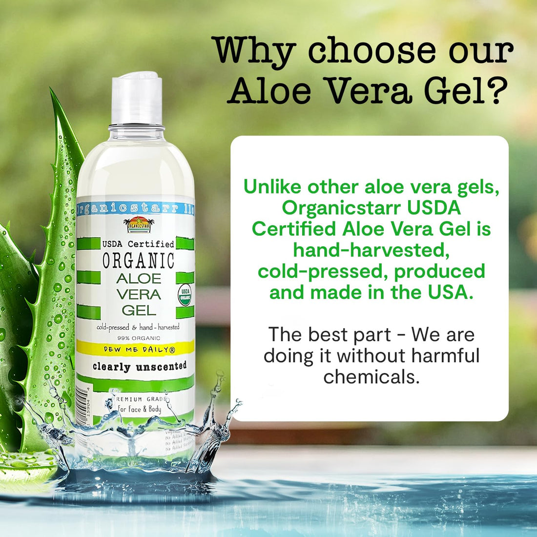 DEW ME DAILY USDA Certified Organic Aloe Vera Gel 12 oz - 100% Pure, Cold Pressed, Hand Harvested, Unscented, Chemical-Free - Skin & Hair Care, Sun-kissed Skin, Made in USA