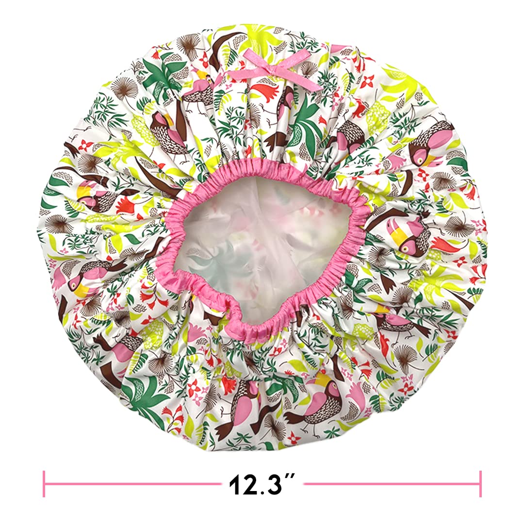 Reusable Shower Cap & Bath Cap & Lined, Oversized Waterproof Shower Caps Large Designed for all Hair Lengths with PEVA Lining & Elastic Band Stretch Hem Hair Hat - Fashionista Tropical