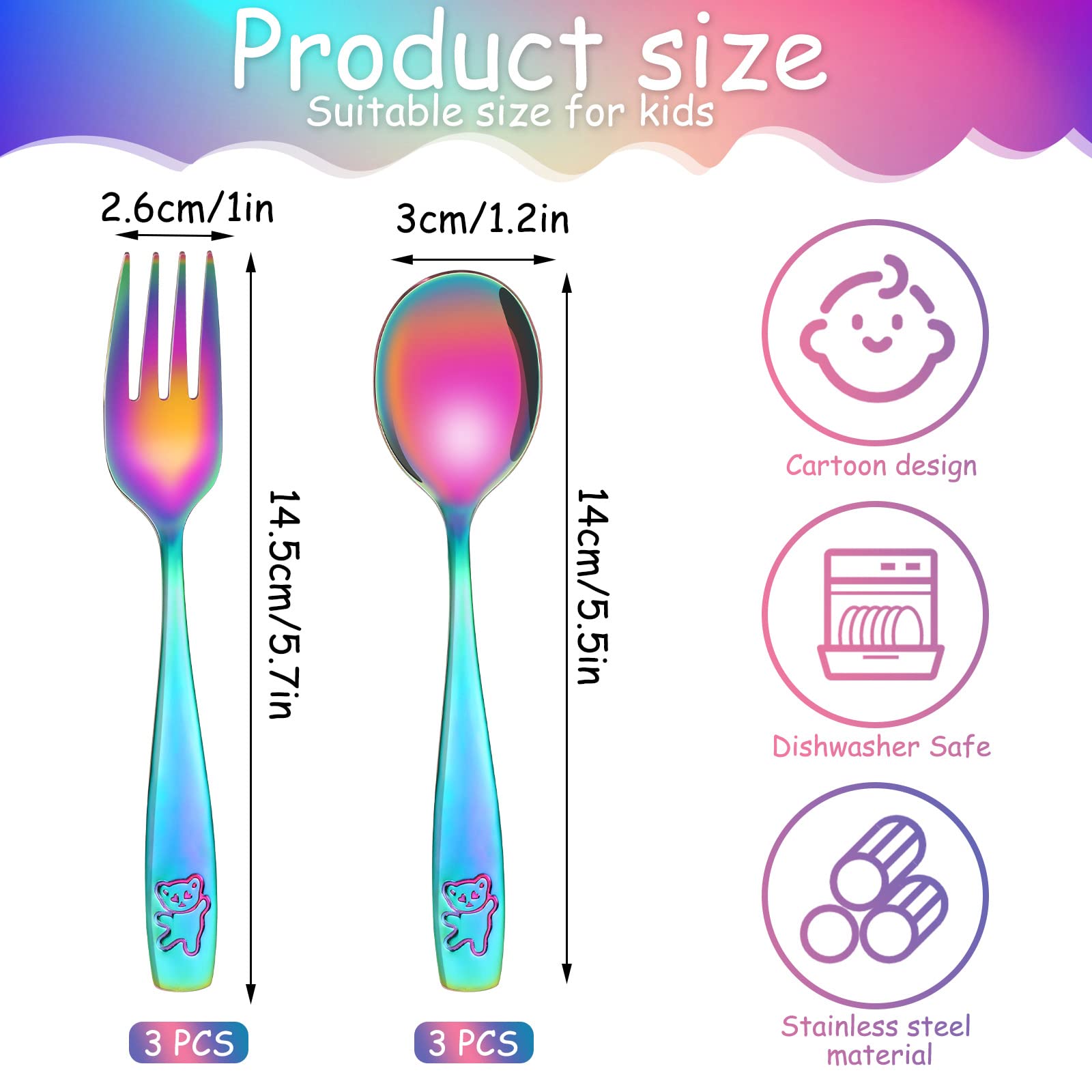 Pimoys 6 Pieces Rainbow Kids Silverware Stainless Steel Child and Toddler Utensils, Children's Safe Flatware Metal Cutlery Set Includes 2 Children Knives, 2 Forks & 2 Spoons