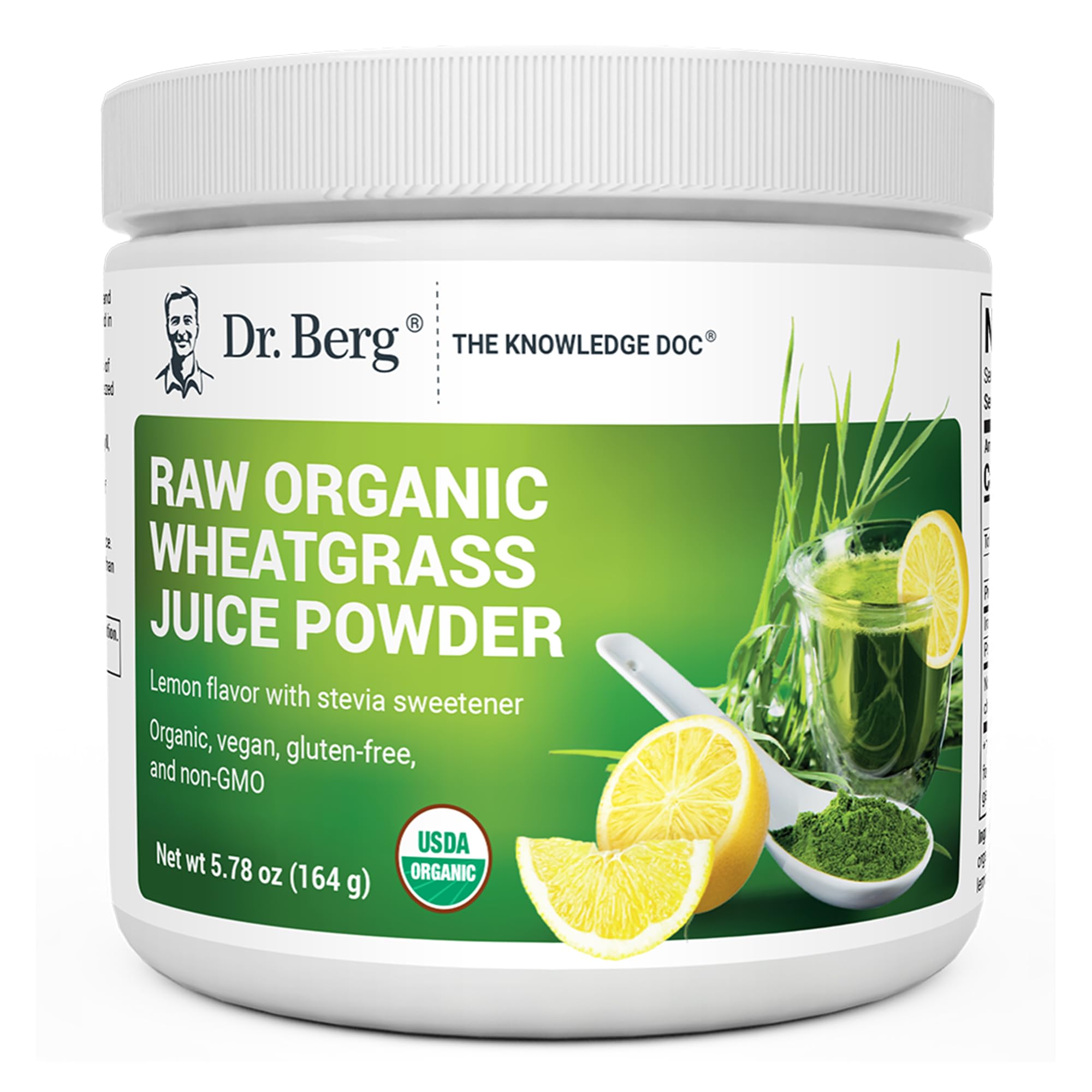 Dr. Berg USDA Certified Organic Green Powder Superfood (60 Servings) - Made with Raw Wheatgrass Powder, Chlorophyll, Trace Minerals & Natural Enzymes - Non-GMO Green Superfood Powder - Lemon Flavor
