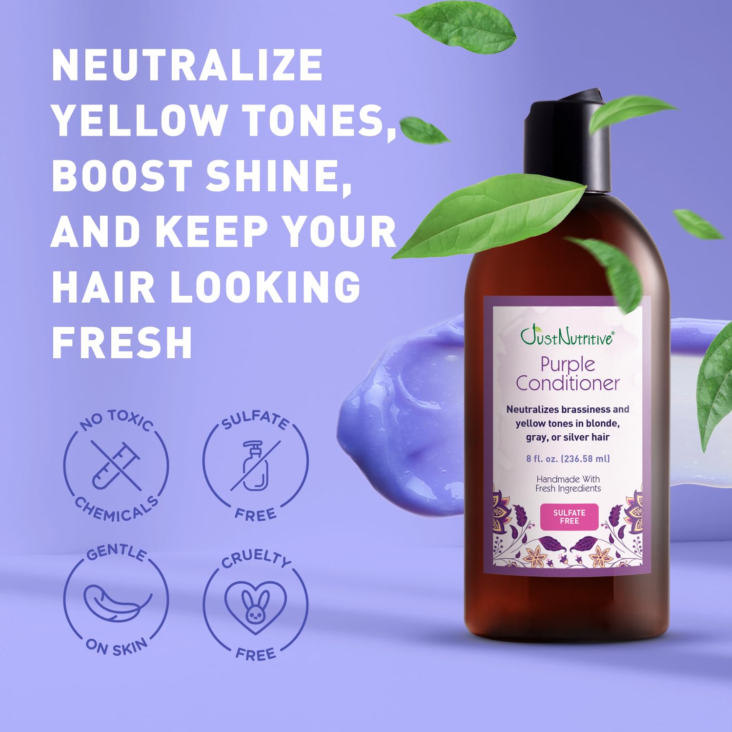 Just Nutritive Purple Conditioner for Blonde, Gray, White, Silver, and Bleached Hair - Eliminate Brassiness, Boost Shine, Repairs, Hydrates, Sulfate-Free, Paraben-Free, Gentle on Scalp, 8 oz.