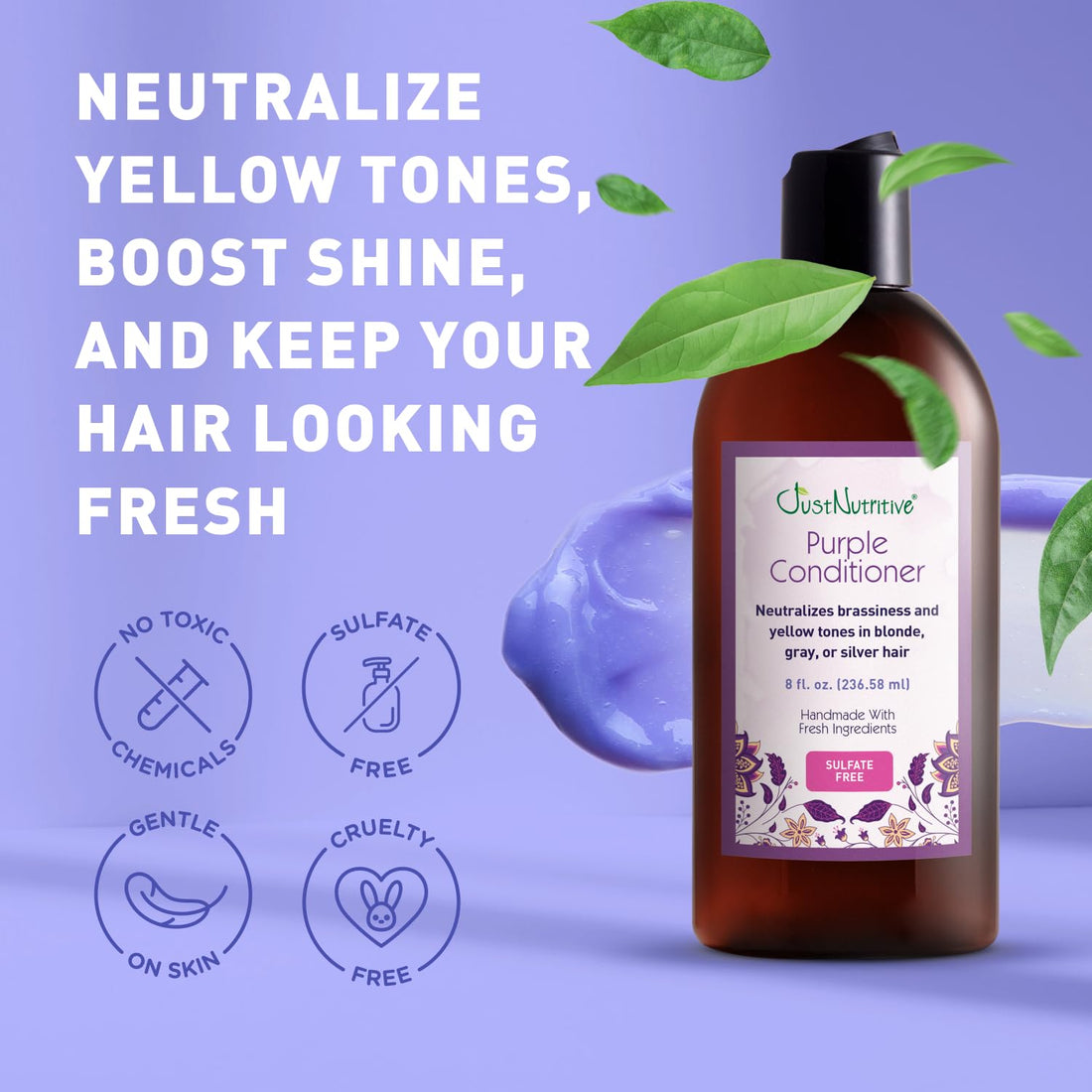 Just Nutritive Purple Conditioner for Blonde, Gray, White, Silver, and Bleached Hair - Eliminate Brassiness, Boost Shine, Repairs, Hydrates, Sulfate-Free, Paraben-Free, Gentle on Scalp, 8 oz.