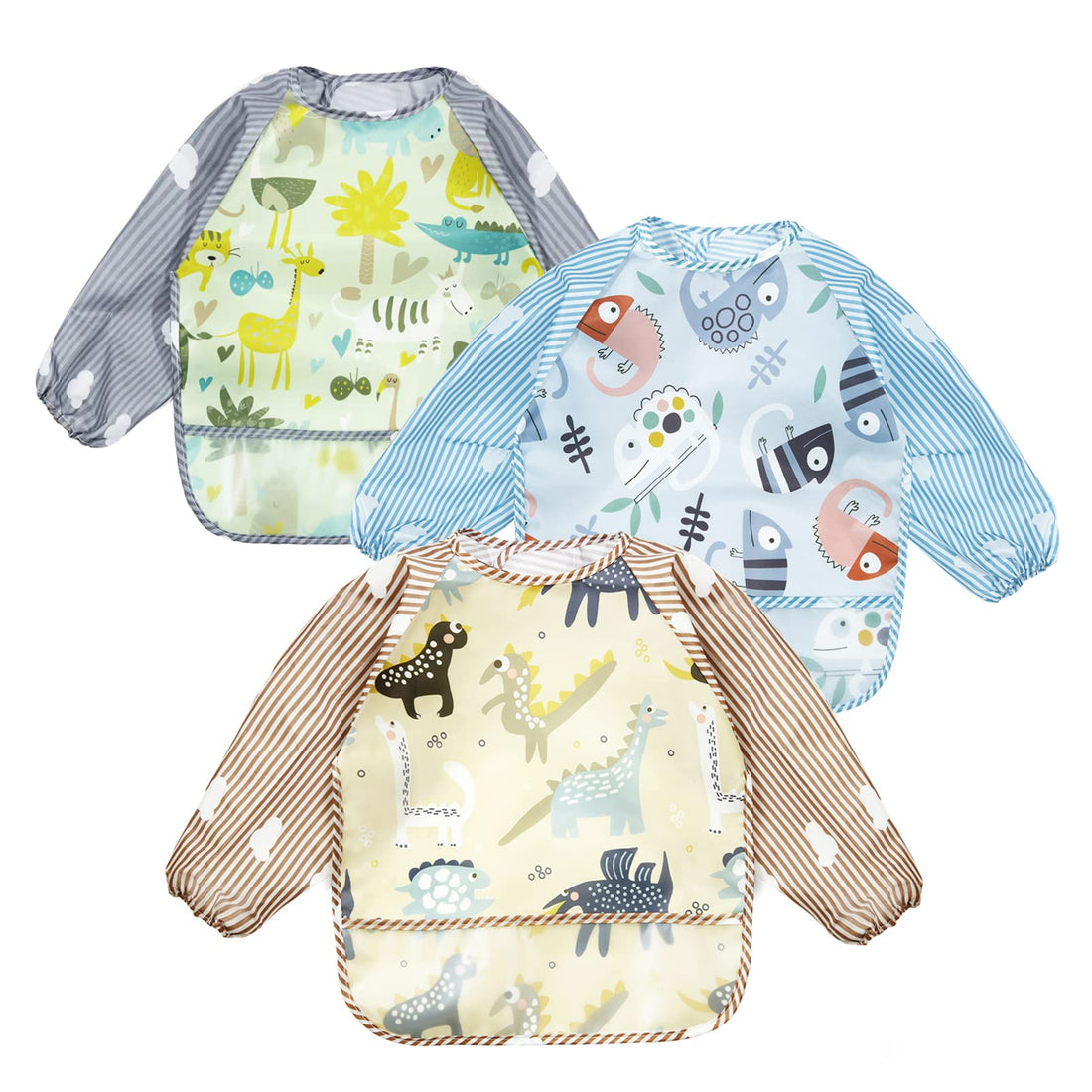 PandaEar (3 Pack Long Sleeve Bibs| Waterproof Full Sleeve Bib for Baby Infant Toddler 6-36 Months (Lizard)