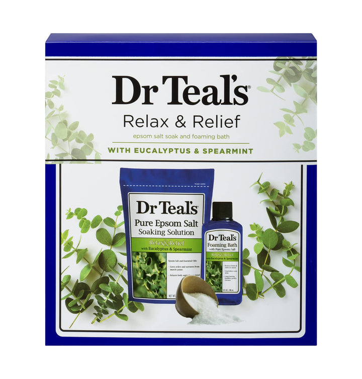 Dr Teal's Eucalyptus Epsom Salt & Foaming Bath Oil Sampler Gift Set - Give The Gift of Rejuvenation & Self Care! - 14 oz Bag of Eucalyptus Bath Salts & 3 oz Bottle of Eucalyptus Foaming Bath Oil