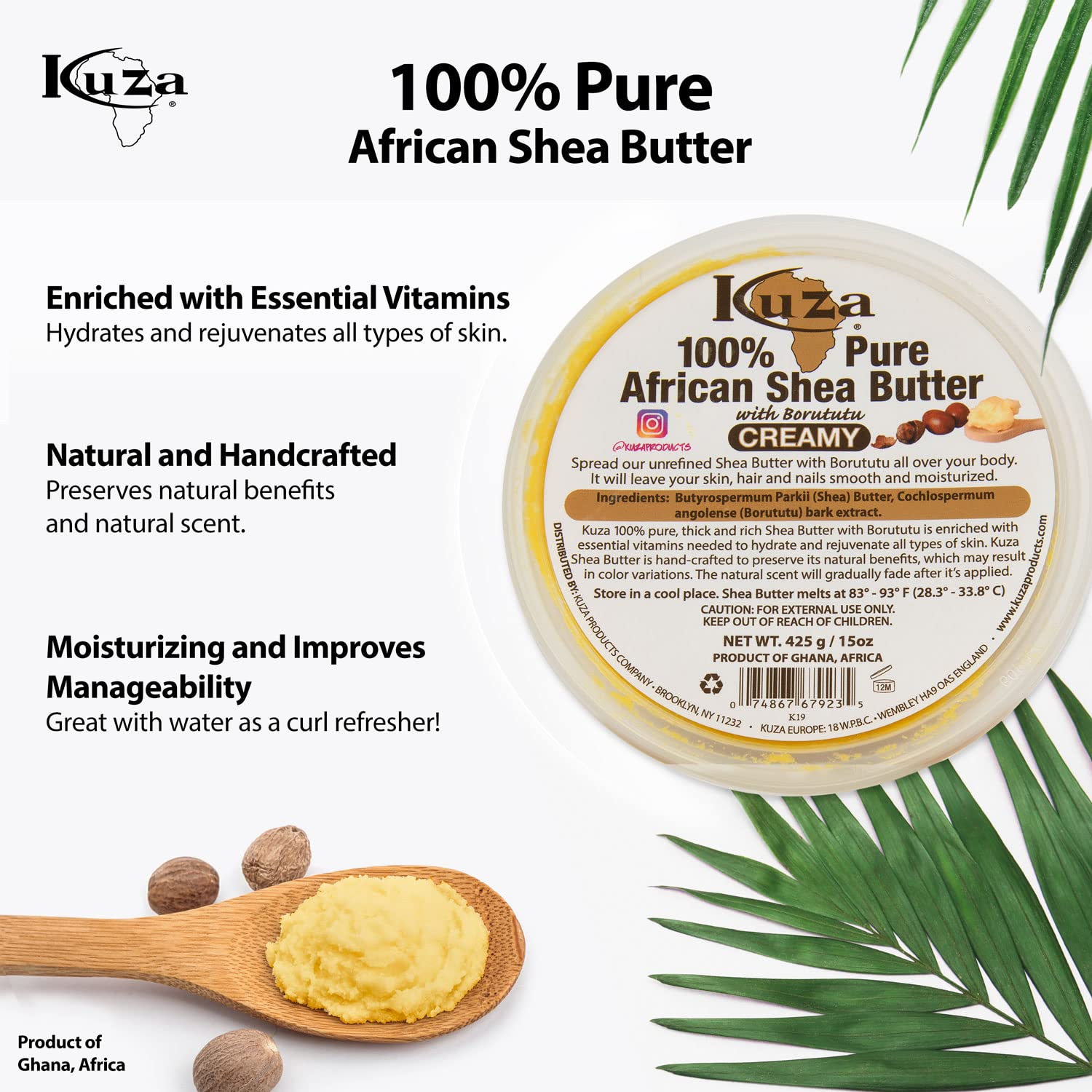 Kuza 100% African Shea Butter with Borututu - Creamy, Yellow - for Skin, Hair and Nails, 15 oz