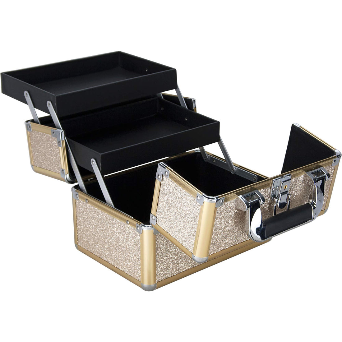 Ver Beauty Ver Beauty 2-tiers Extendable Trays Cosmetic Makeup Train Case Organizer Travel - Vk0112, Champagne Gold Glitter