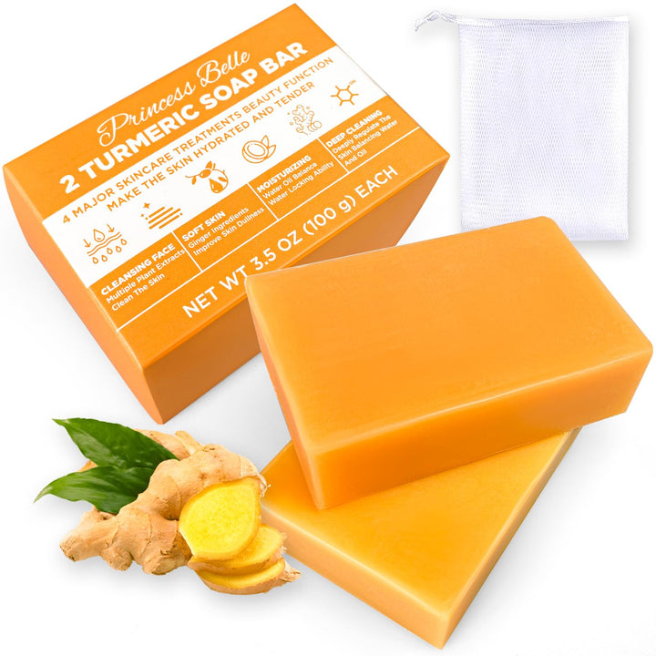 Princess Belle Turmeric Soap, Turmeric Soap Bar for Face and Body, Skin Lightening Soap for Dark Spots, Turmeric Face Soap for Ance, Natural Handmade Soap for Deep Cleansing and Hydrating-2 Pack
