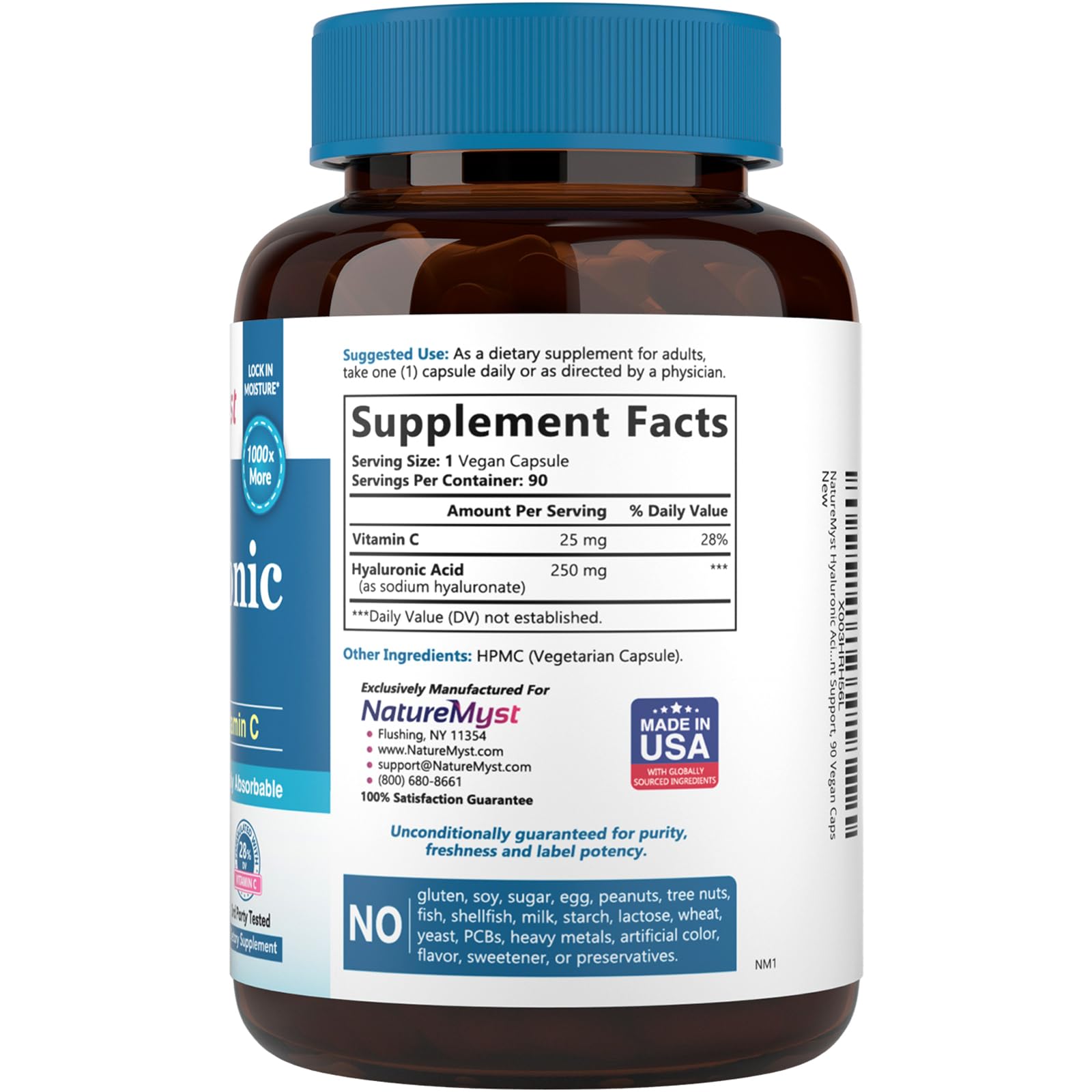 NatureMyst Hyaluronic Acid Supplement, with Vitamin C, 250mg Plant-Based HA, 90 Vegan Caps, for Joints, Skin & Eyes, Collagen Production, Easily Absorbable