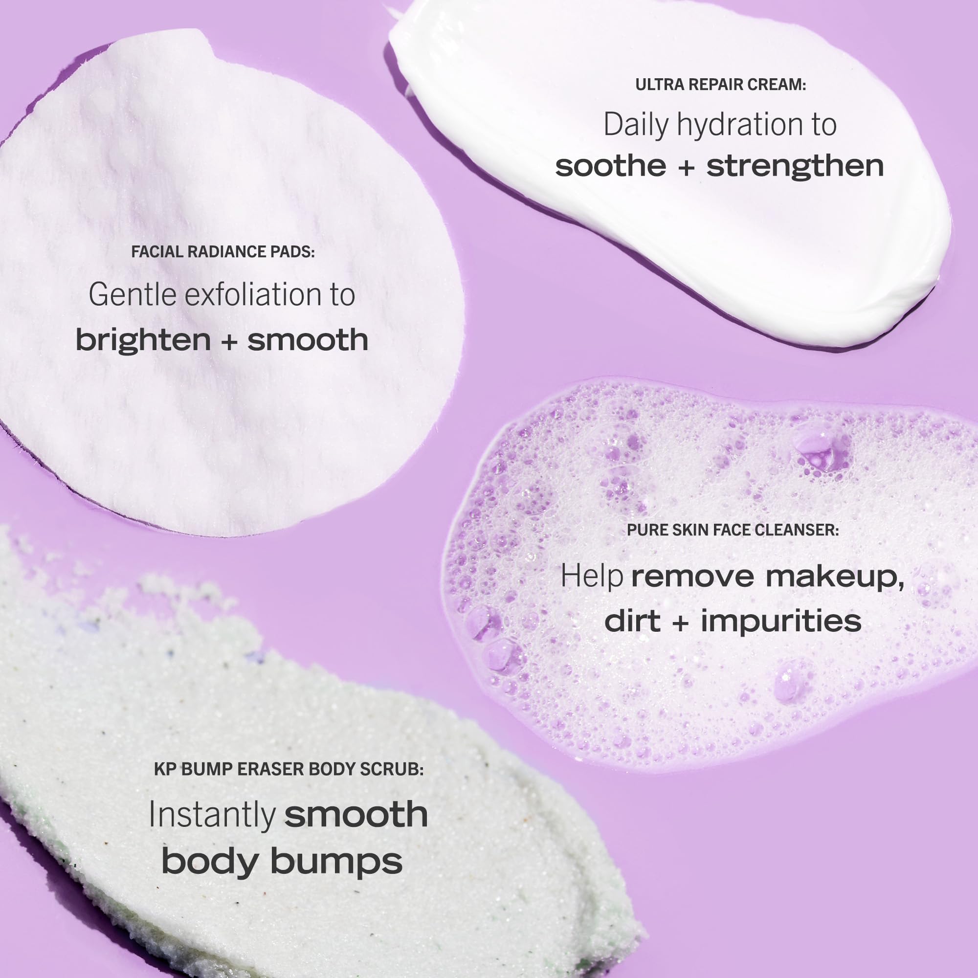 First Aid Beauty - Hydrated Glow Kit: KP Bump Eraser Body Scrub, 4 oz, Facial Radiance Pads, 28 Pads, Pure Skin Face Cleanser, 2 oz, & Ultra Repair Cream, 6oz, Hydration and Exfoliation Treatment, 4ct