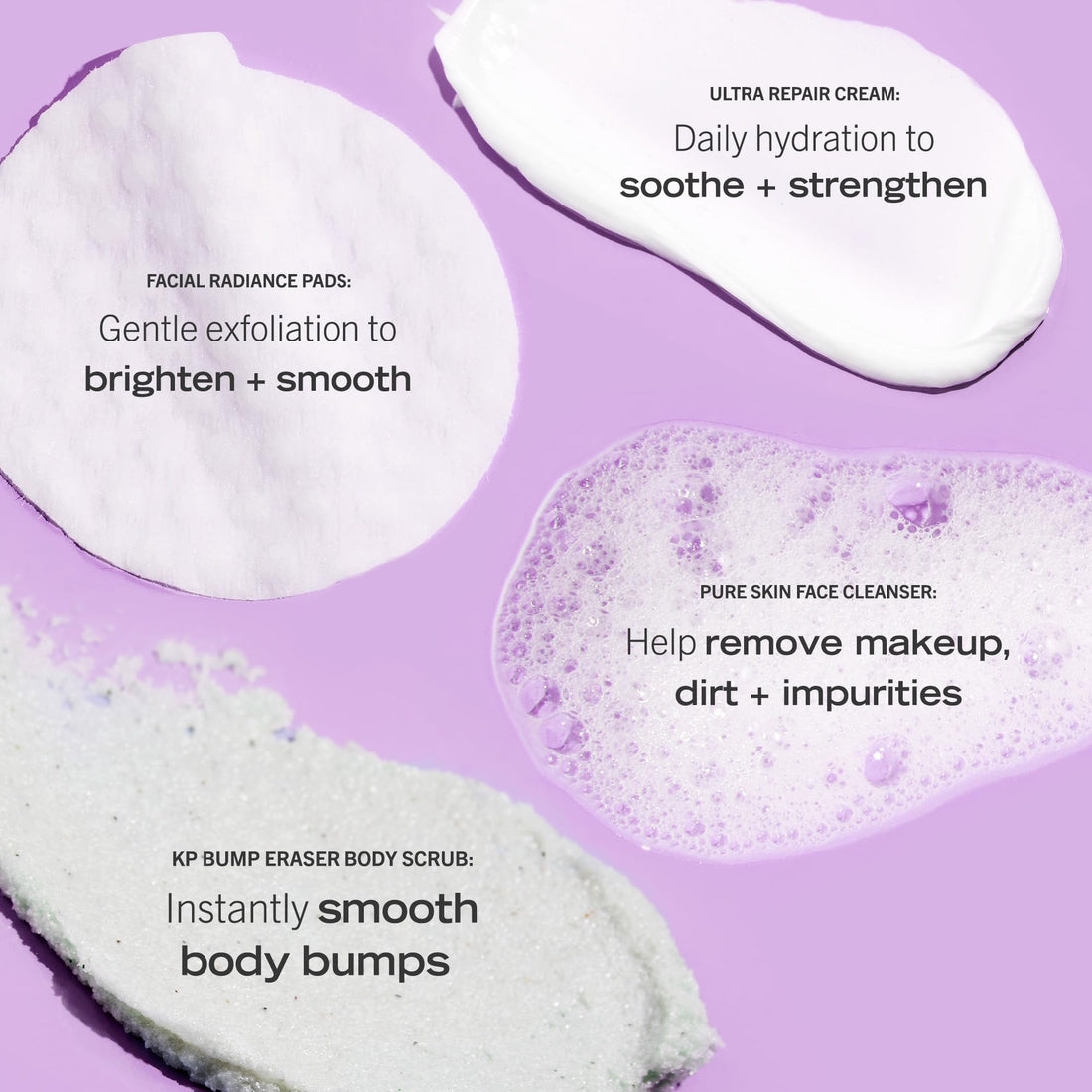 First Aid Beauty - Hydrated Glow Kit: KP Bump Eraser Body Scrub, 4 oz, Facial Radiance Pads, 28 Pads, Pure Skin Face Cleanser, 2 oz, & Ultra Repair Cream, 6oz, Hydration and Exfoliation Treatment, 4ct