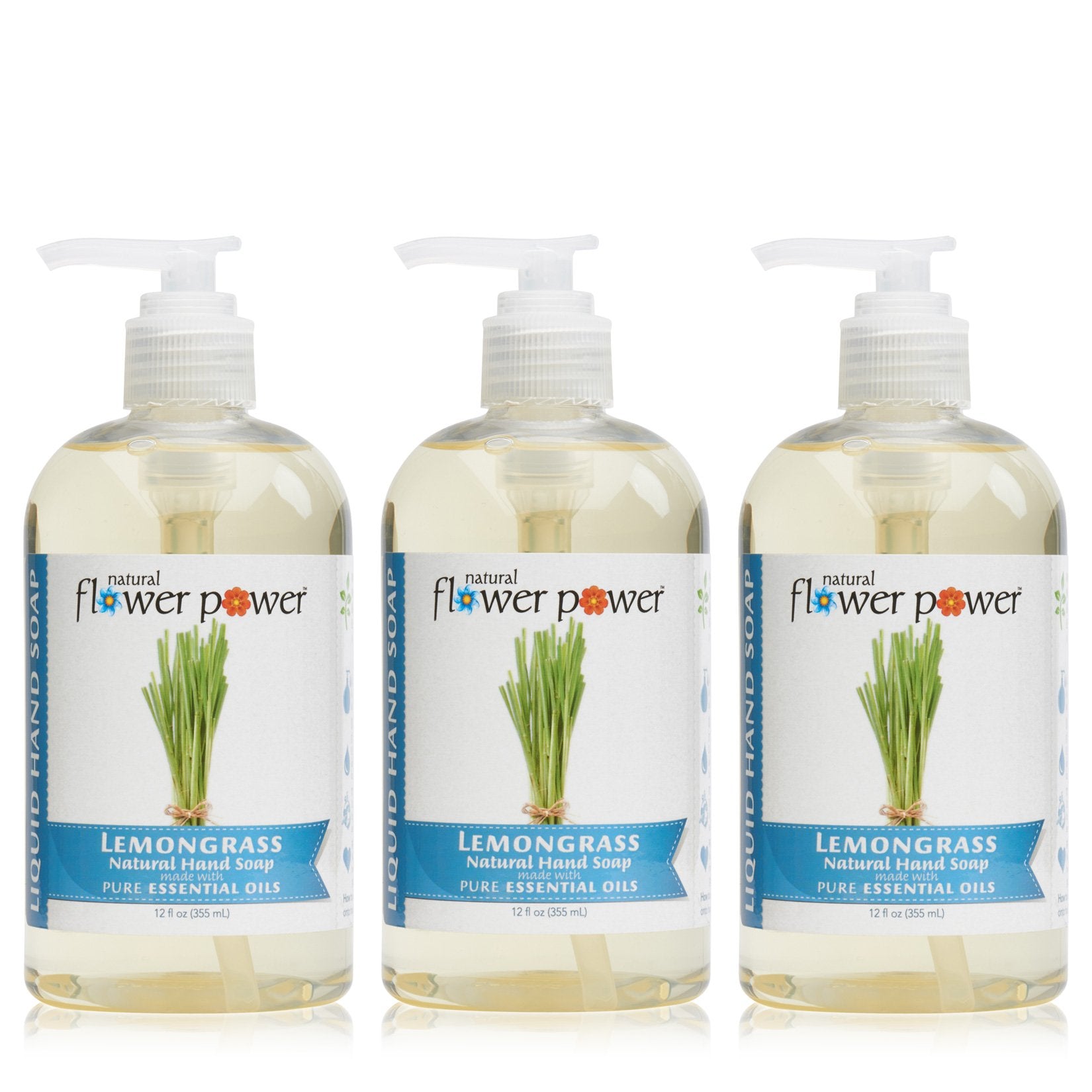Natural Flower Power - Natural Liquid Hand Soap, Lemongrass, pH Balanced, Scented with Pure Essential Oils, Soft and Moisturizing, Sulfate Free - 12 Ounce (Pack of 3)