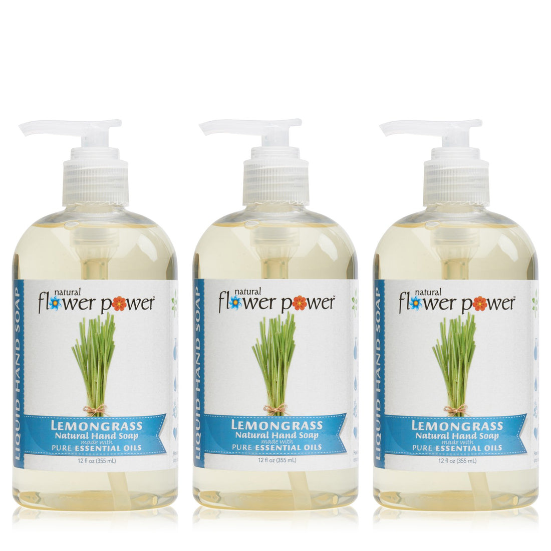 Natural Flower Power - Natural Liquid Hand Soap, Lemongrass, pH Balanced, Scented with Pure Essential Oils, Soft and Moisturizing, Sulfate Free - 12 Ounce (Pack of 3)