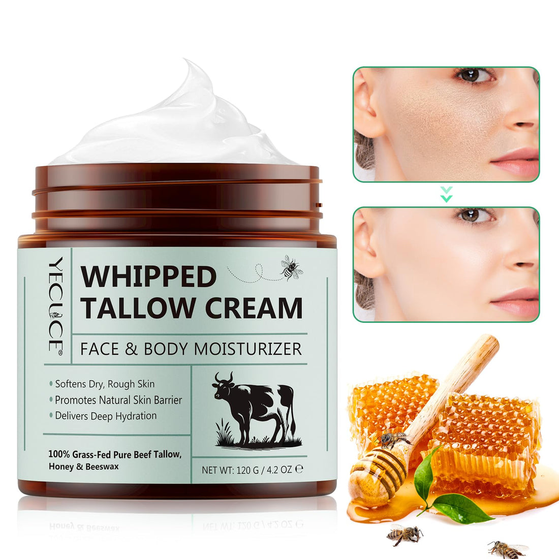 XINSZLIN Beef Tallow and Honey Balm, Beef Tallow for Skin, Face & Body Moisturizer with Grass-Fed Pure Beef Tallow, Honey Beeswax, Whipped Tallow Cream Delivers Deep Hydration Skin