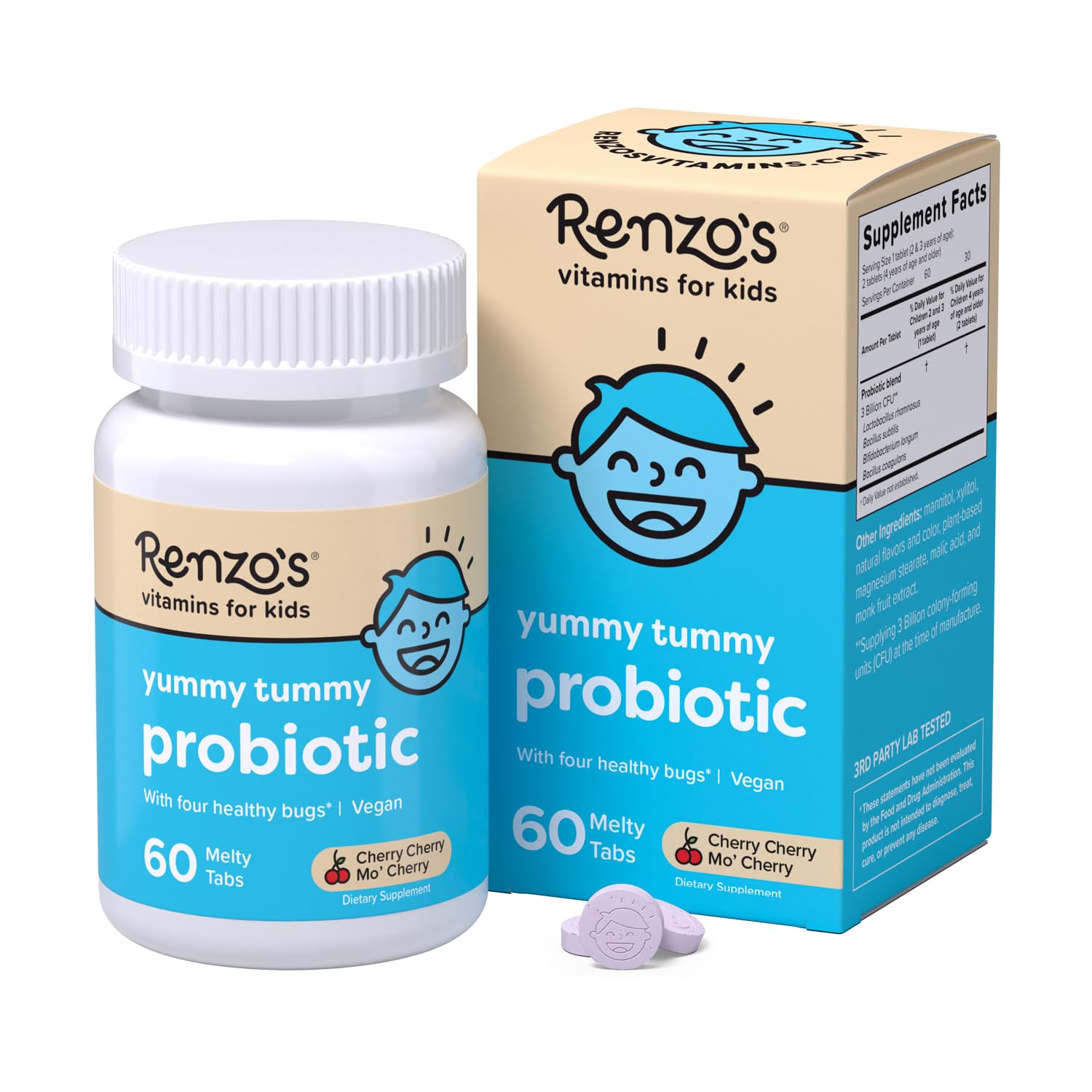 Renzo's Kids Probiotic - Dissolvable Probiotics for Digestive Health & Immune Support - 60 Cherry-Flavored Melty Tabs