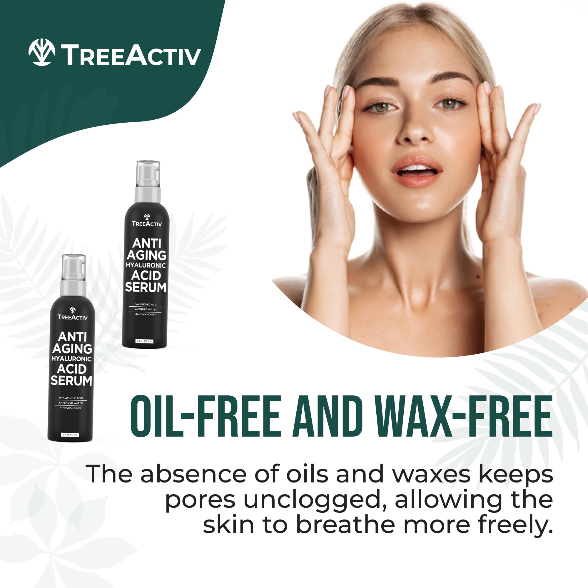 Anti-Aging Hyaluronic Acid Serum for Face 2 oz, Hydrating Wrinkle Repair Serum for Skin Care, Pure Hyaluronic Acid Face Serum for Women, Oil-Free Anti-Aging Serum for Advanced Skin Repair TreeActiv