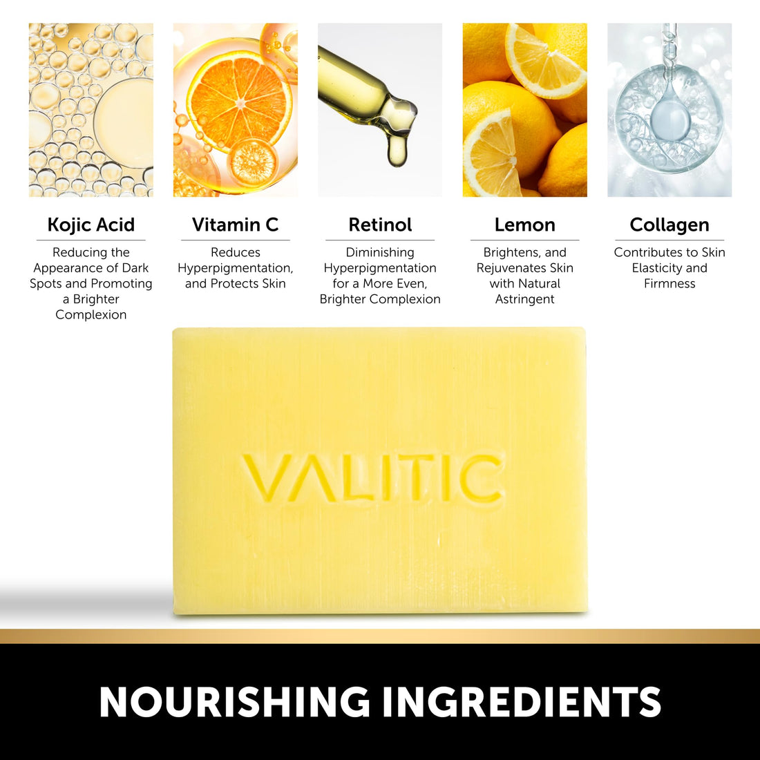 VALITIC Brightening Lemon & Turmeric Kojic Acid Soap, Vitamin C, Retinol - Original Japanese Complex with Hyaluronic Acid, Vitamin E, Shea Butter, Castile Olive Oil - 3 Pack Bundle with African Net