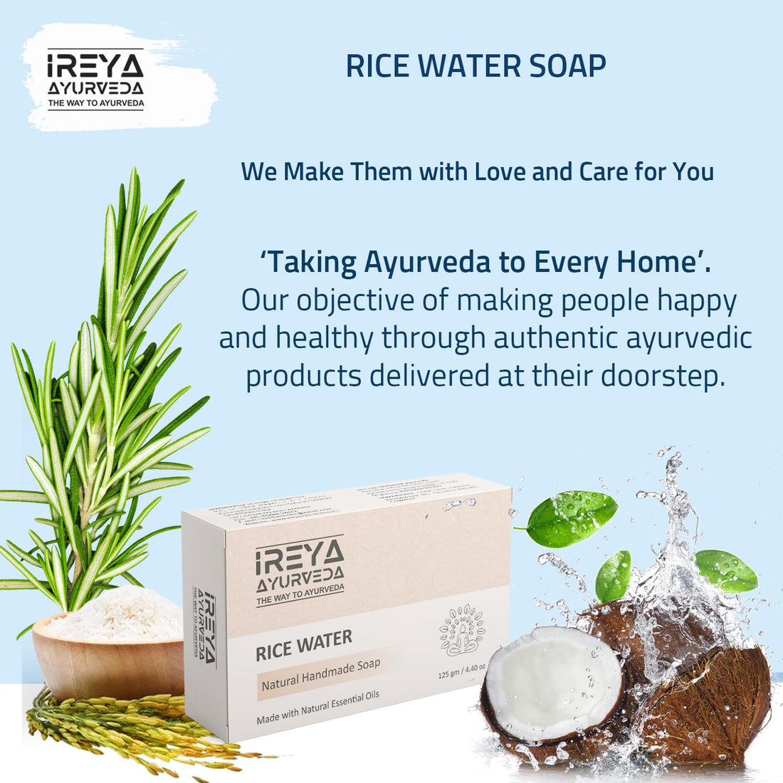 Ireya Ayurveda Rice Water Rosemary & Coconut Handmade Soap | Rice Water, Coconut Oil, Rosemary Oil, Natural, Vegan, Moisturizing, Great for Face and Body