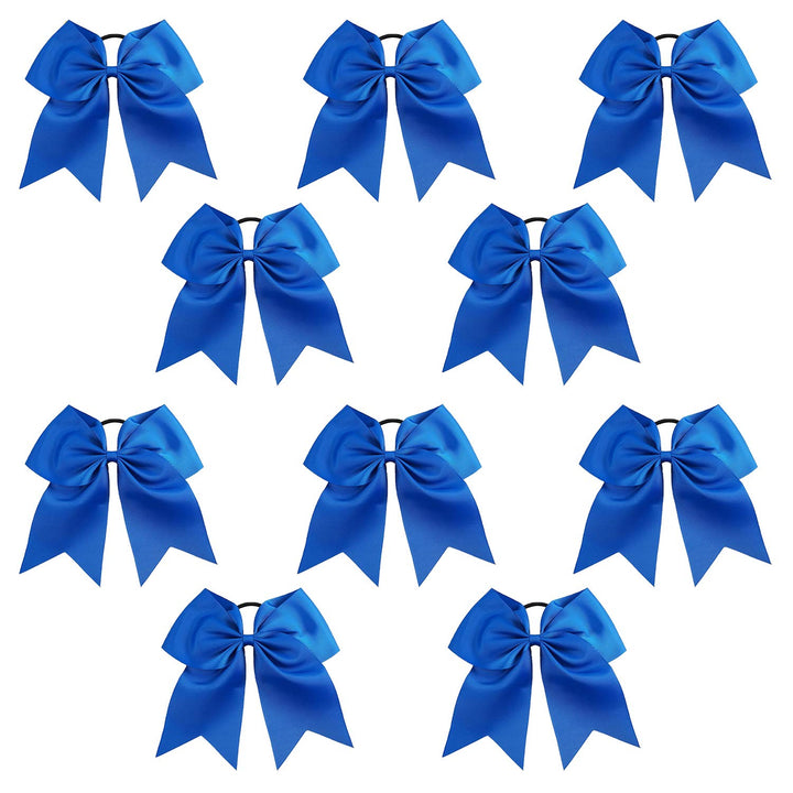 7 Jumbo Cheer Bow Big Hair Bows with Ponytail Holder Large Classic Accessories for Teens Women Girls Softball Cheerleader Sports Elastics Ties Handmade by Kenz Laurenz (10 pack 7 Cheer Bow Blue)