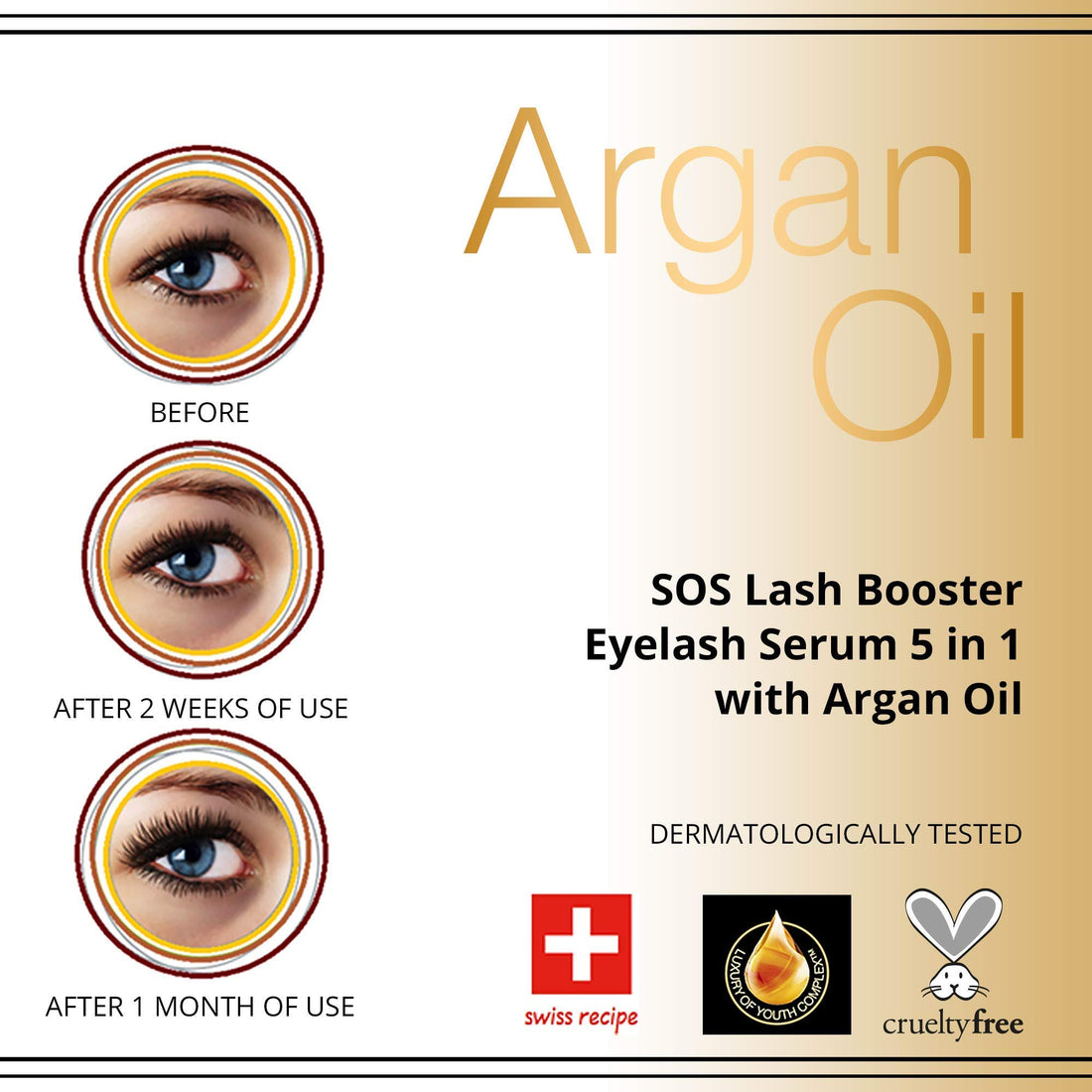 Eveline Cosmetics Eyelash Serum for Growth, 100% Cruelty-Free, Dermatologically Tested, Reduces Lash Loss and Breakage Sos Lash Booster, 5-In-1 with Argan Oil for Conditioning and Nourishment - 10ml