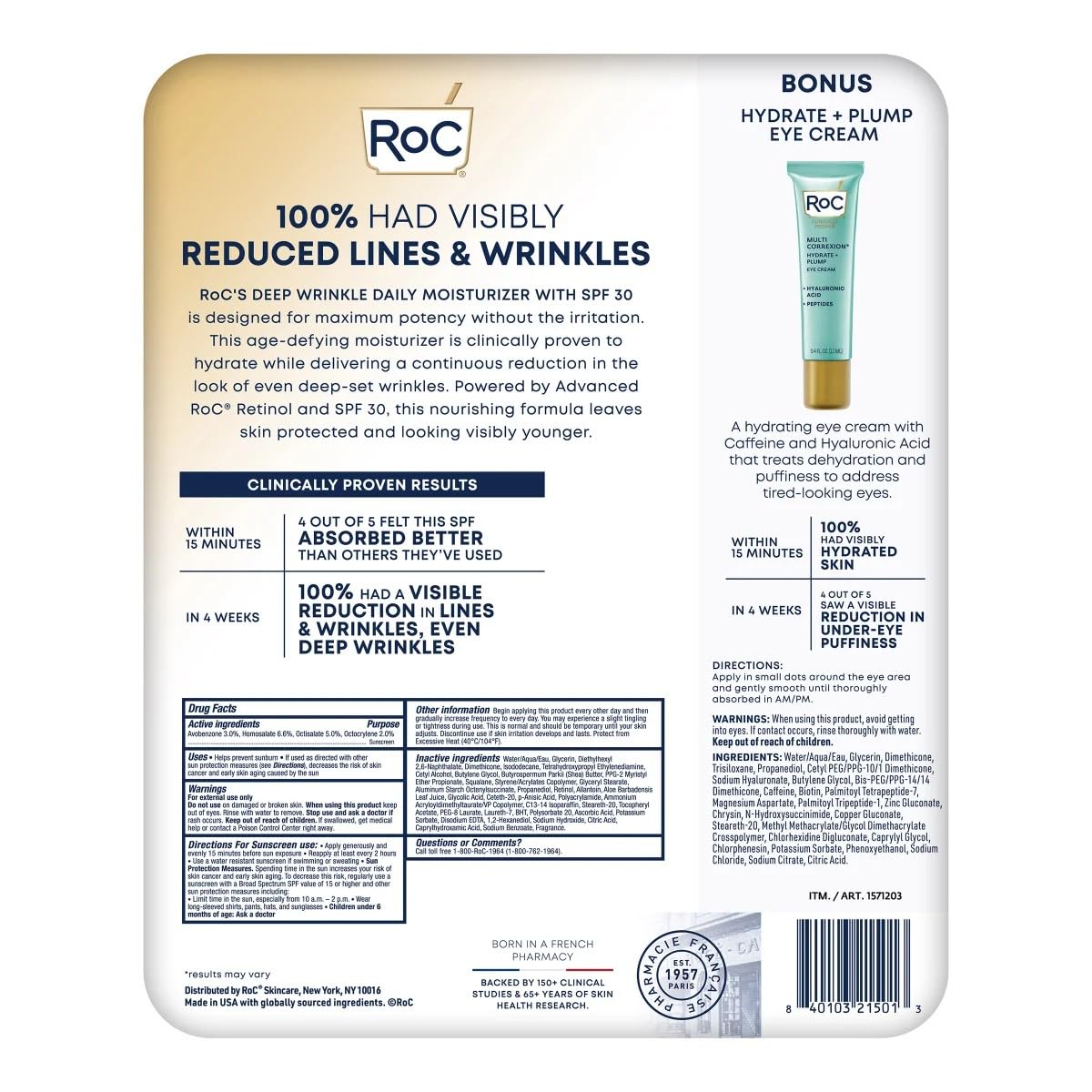 RoC Retinol Correxion Deep Wrinkle Day Cream, 2.6 fl oz Total (2-Pack of 1.3 fl oz), with Bonus Eye Cream 0.4 fl oz