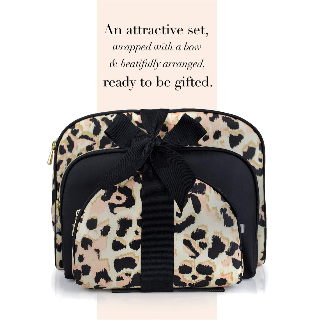 Black & Leopard: Once Upon A Rose Cosmetic Bag 3 Piece Set, Makeup Organizer, Toiletry Pouch, for Brushes, Pencil Case, Accessories, Travel, Girls, Gift Idea (Black & Leopard)