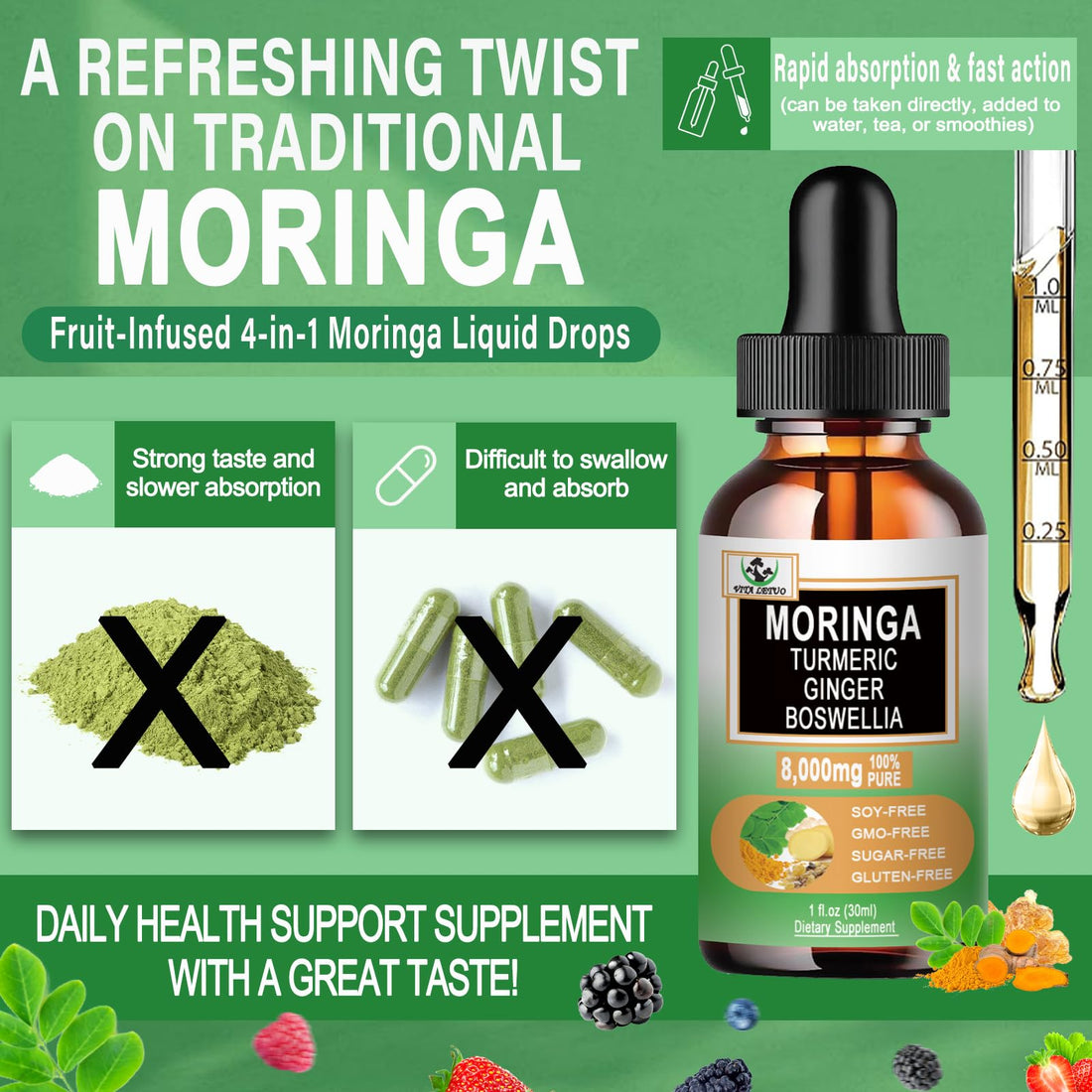 Moringa Drops - Organic Moringa Leaf Extract Liquid with Turmeric Ginger Boswellia for Energy, Skin Health, Gut Health - High Absorption Green Superfood w/Essential Vitamins & Amino Acids