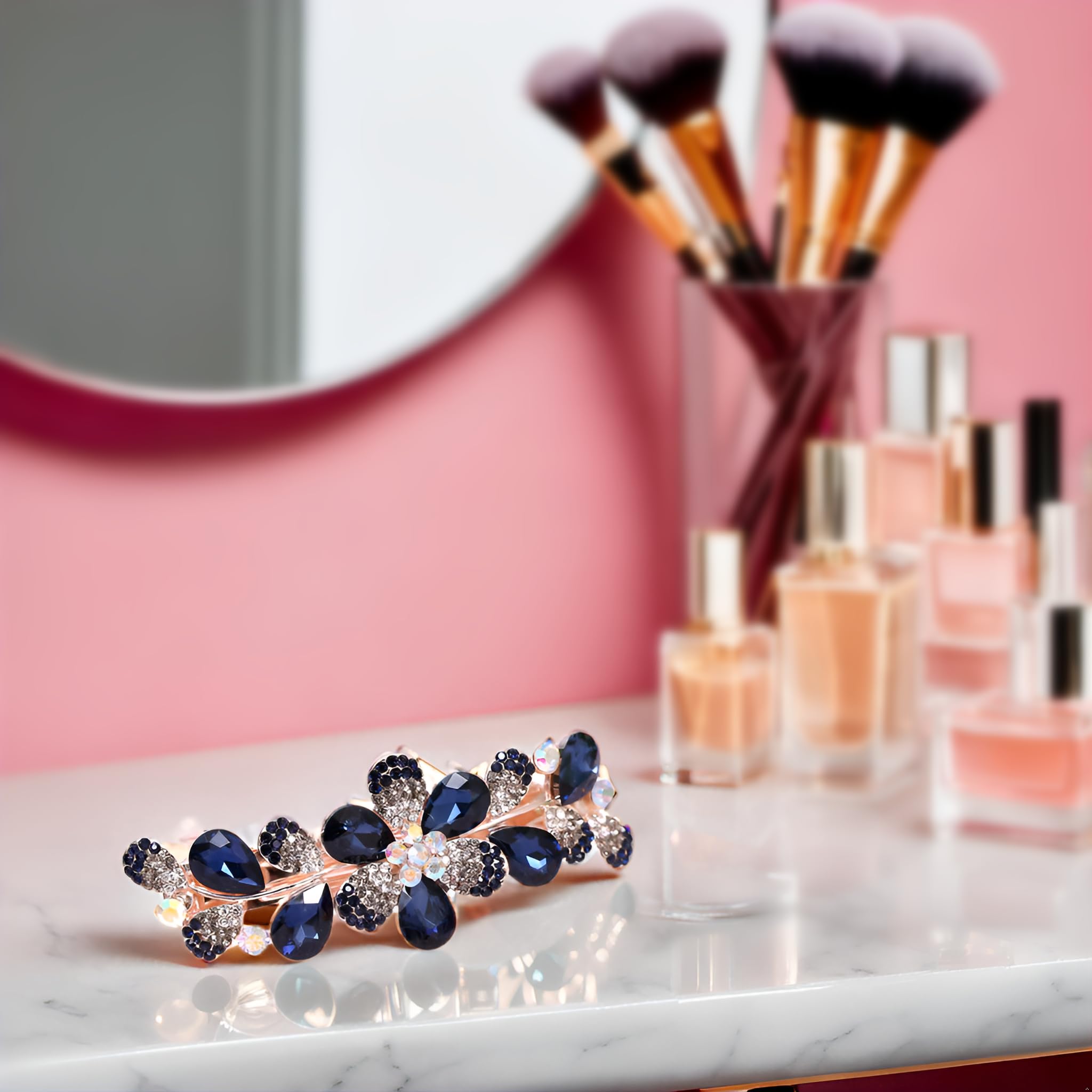 Casualfashion Women Girls Crystal Rhinestone Flower Pattern Hair Spring Clip Hairpin Sweet Hair Accessories (Dark Blue)