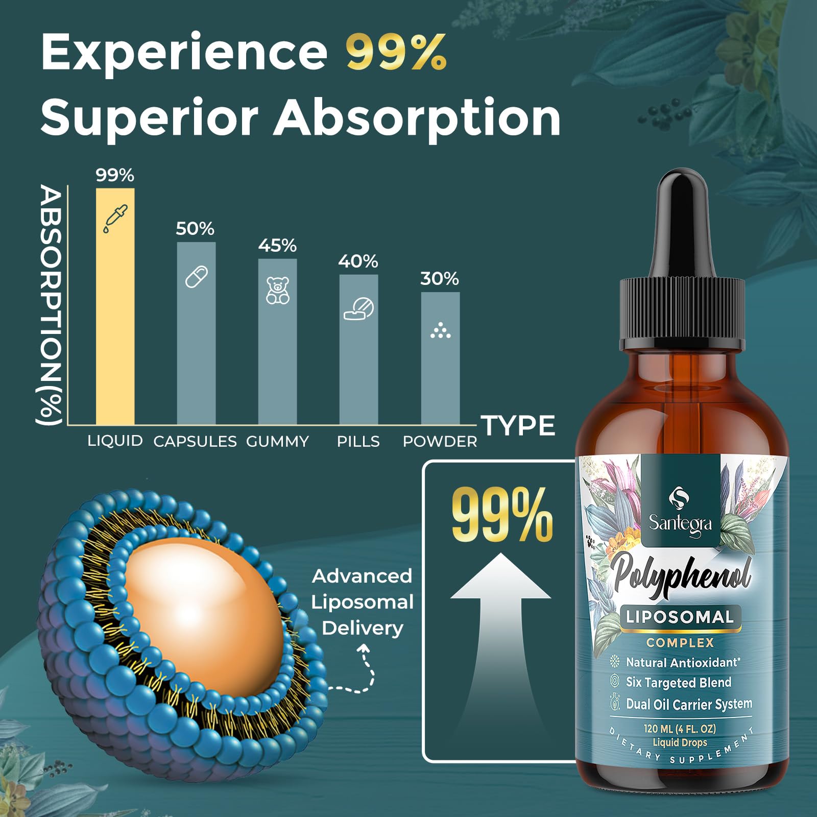Polyphenols Supplement Liposomal, Over 27 Polyphenol Complex & Powerful Antioxidant, with MCT & Olive Oil, Quercetin Extract, Hawthorn Berry Extract, for Age Defense, Energy, Immune, 120 ML