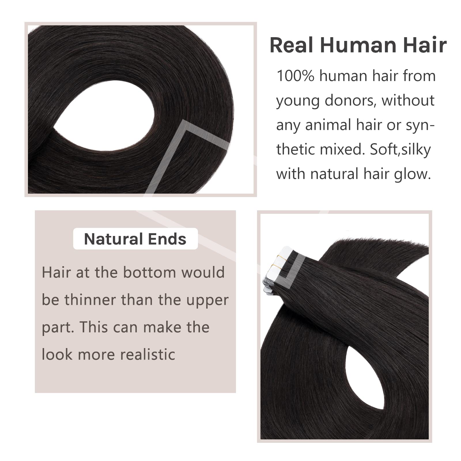 Hairro Tape in Hair Extensions 22 Inch Long Straight Human Hair #1B Natural Black 30g Thin Seamless Skin Weft Glue in Human Hairpieces 20pcs/pack for Women