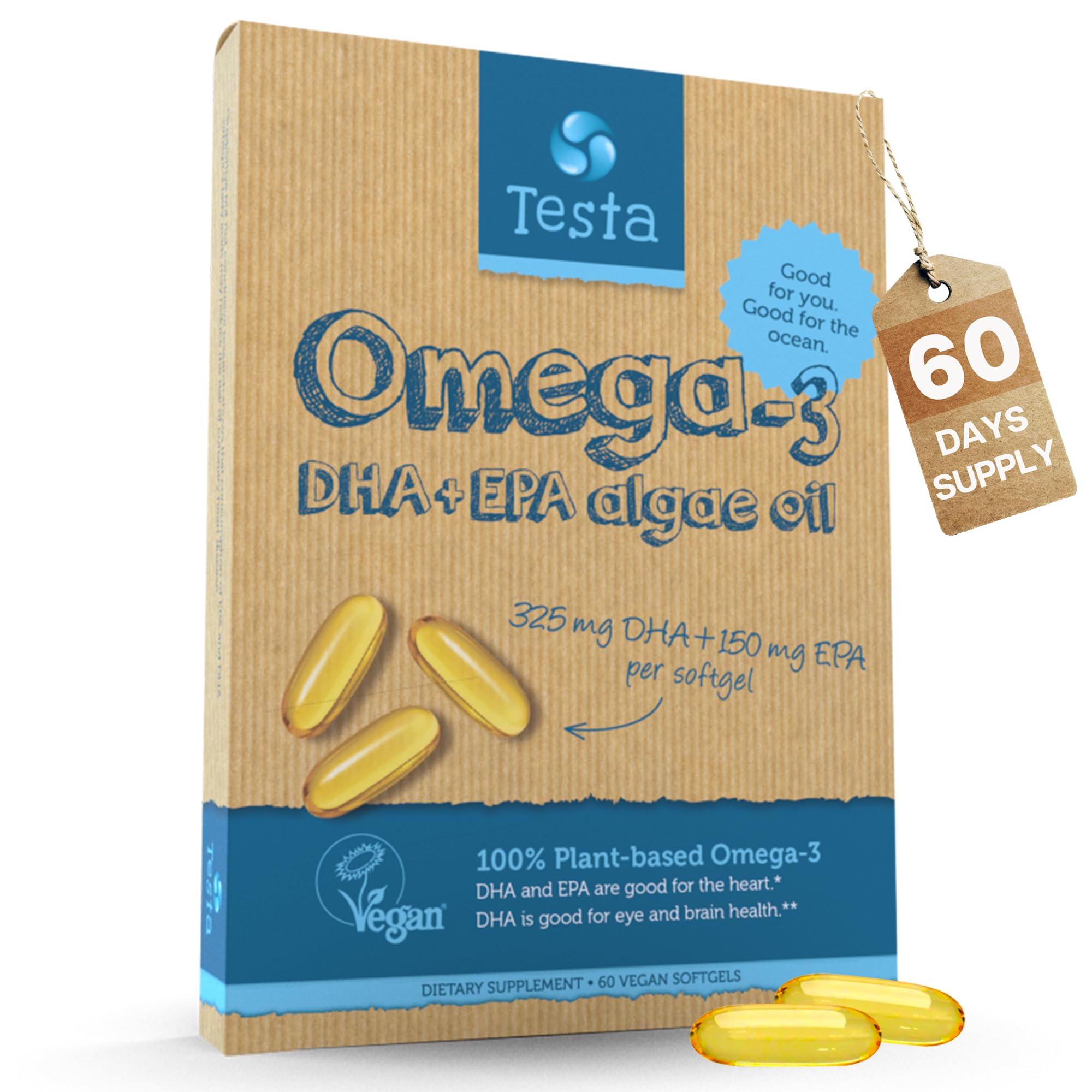 Testa Omega-3 Supplement - Vegan Based Omega 3 DHA EPA Capsules from Algae - Omega 3 Fatty acids - Supports Heart, Brain & Joint Health - Plastic Negative, RTG, and Kosher - Two Months Supply