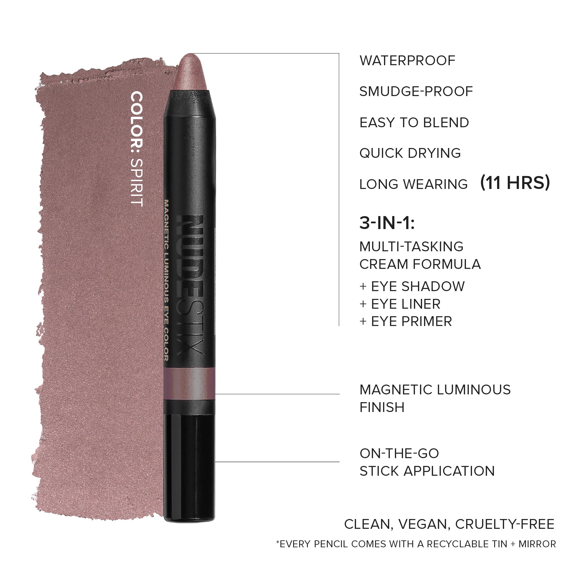Nudestix Magnetic Luminous Eye Color Pencil, Eyeshadow + Eyeliner + Eyelid Primer + Highlighter Stick, Satin Finish Cream Makeup, Long Lasting, Waterproof, Shade: Spirit