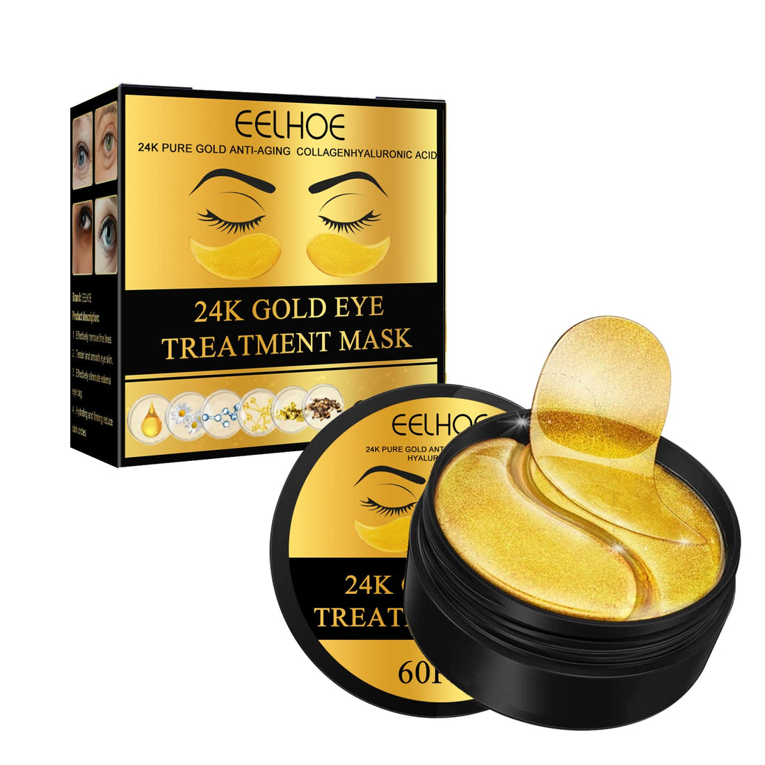 Q.Z.Art 60 Pcs 24K Gold Under Eye Patches, Anti-Aging Eye Mask Infused with Collagen and Hyaluronic Acid - Reduce Dark Circles, Puffiness, and Wrinkles