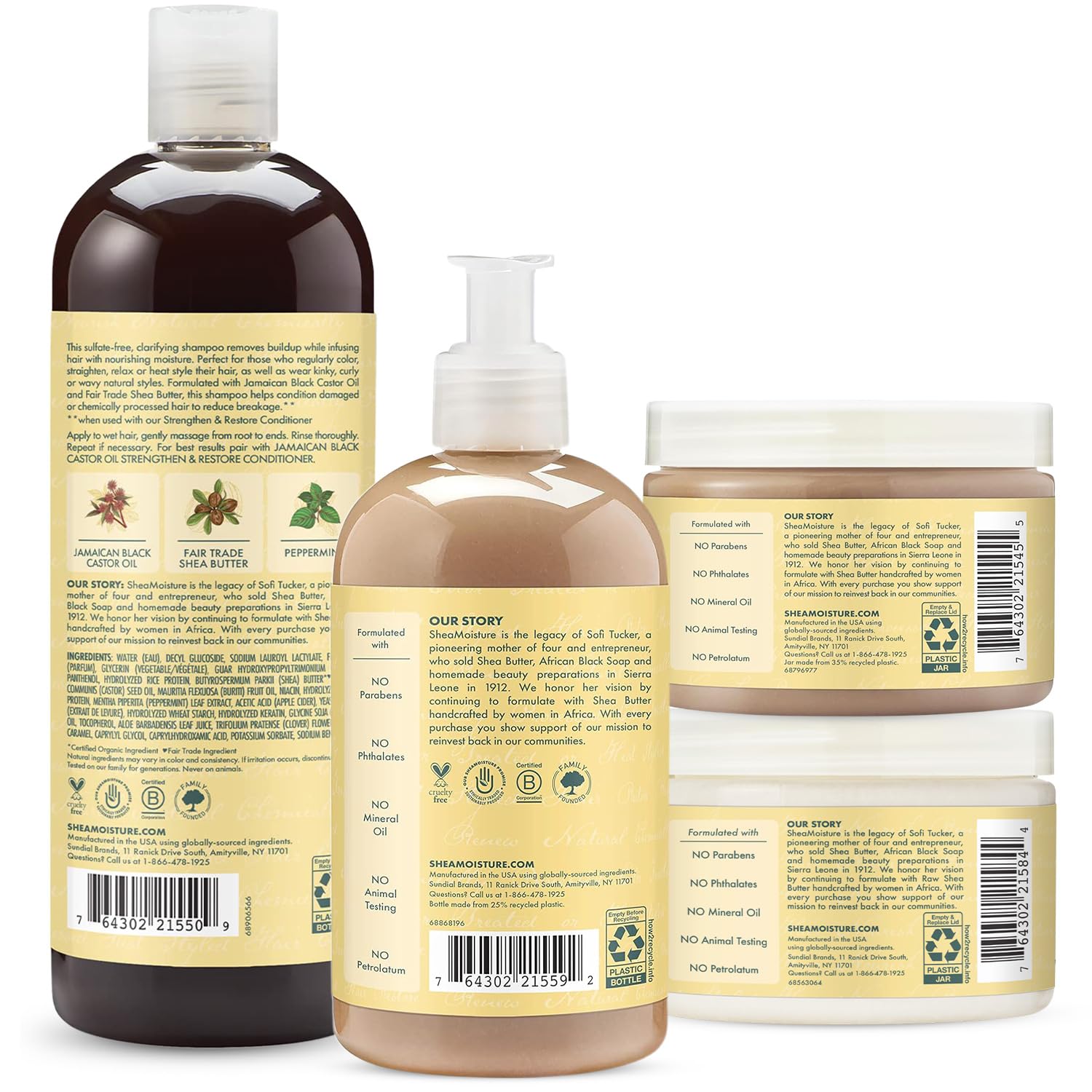 SheaMoisture Jamaican Black Castor Oil Hair Care Set: 16oz Growth Shampoo, 13oz Strengthening Conditioner, 11.5oz Leave-In Treatment, 12oz Restorative Masque for Curly Hair