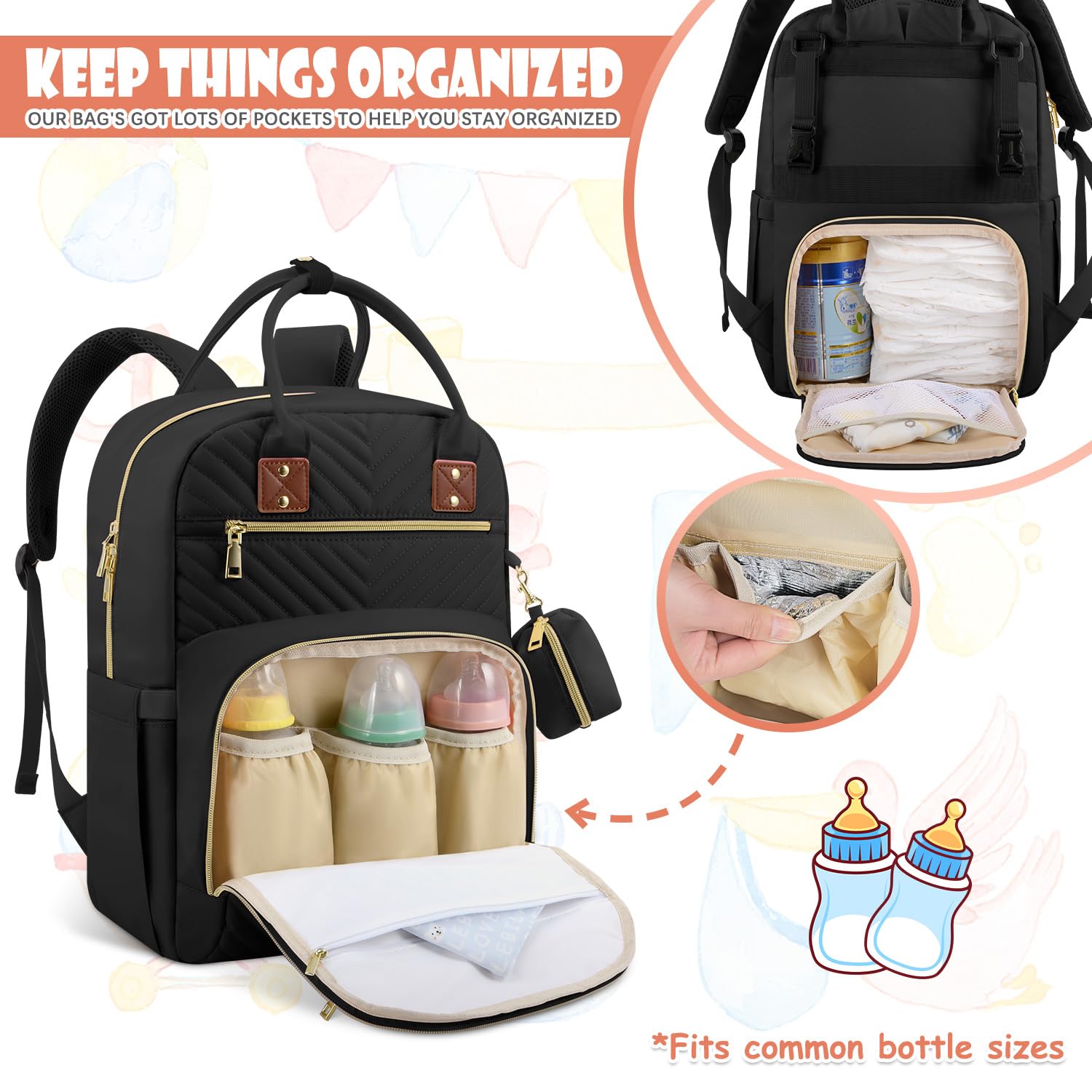 Tenot Baby Diaper Bag Backpack, Travel Diaper Bags for Baby Girl Boy Large Capacity Baby Bag Backpack for Women Black