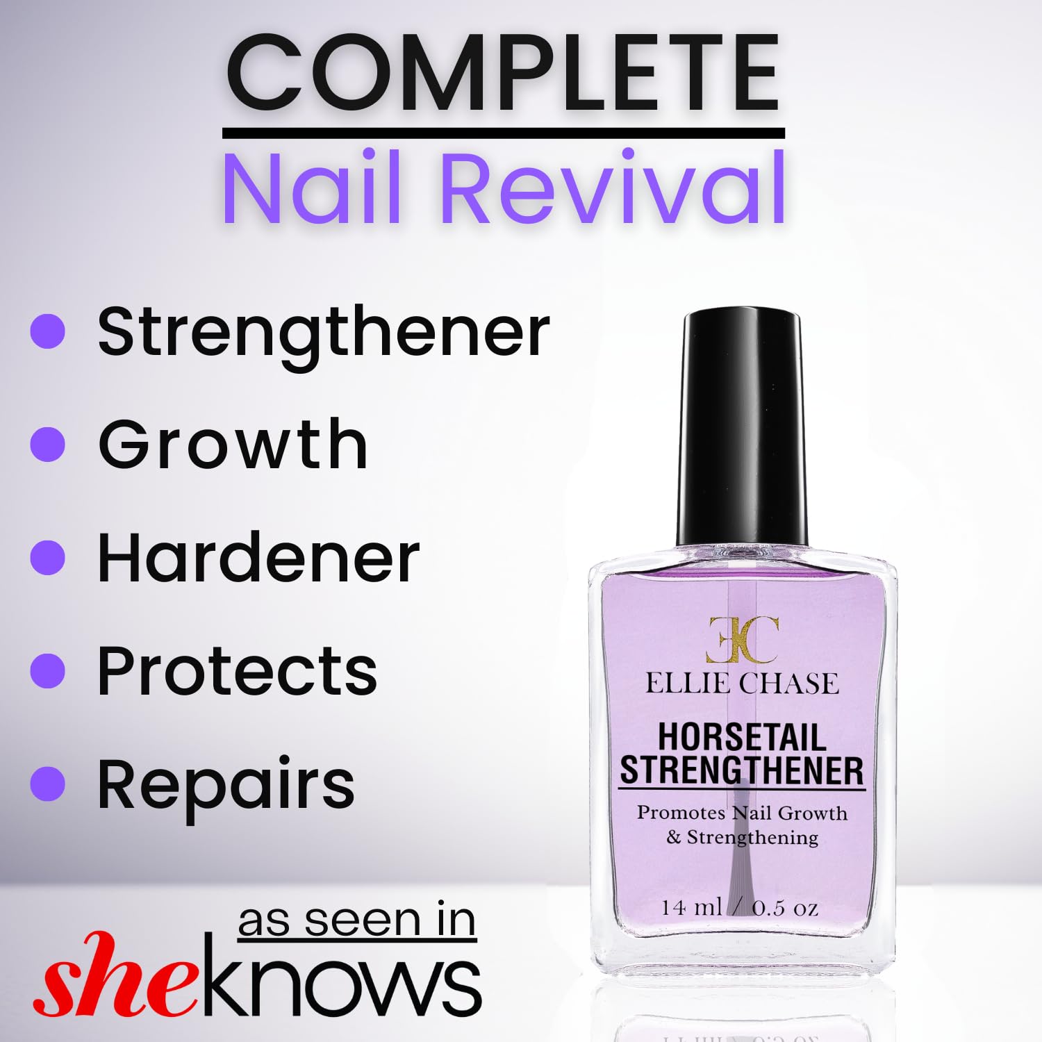 Ellie Chase Nail Strengthening & Growth Nail Polish Treatment With Horsetail Grass Extract, 0.5 Fl oz - No Formaldehyde, Toluene or DBP - Can Be Used as Base Coat or Top Coat