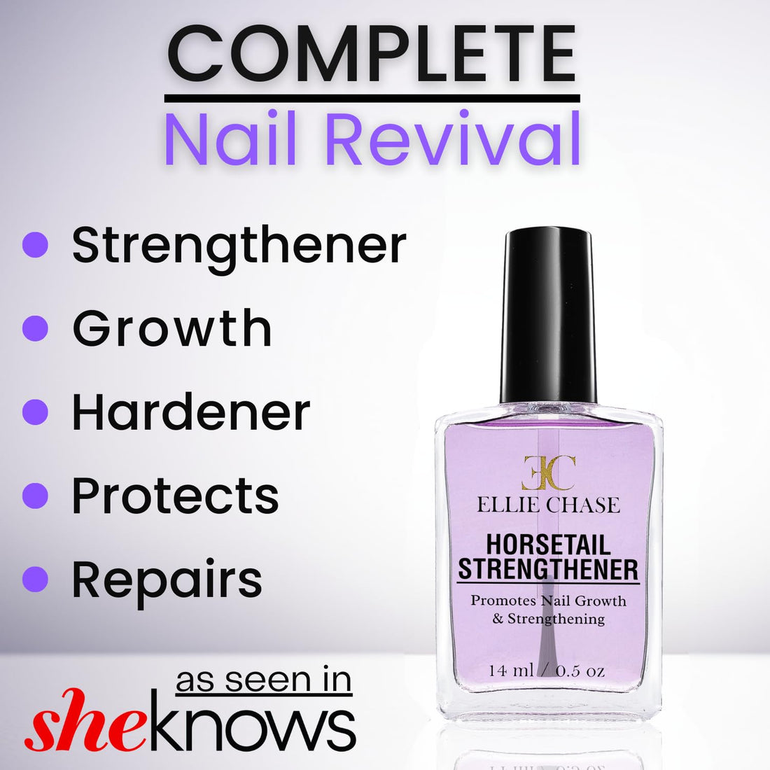 Ellie Chase Nail Strengthening & Growth Nail Polish Treatment With Horsetail Grass Extract, 0.5 Fl oz - No Formaldehyde, Toluene or DBP - Can Be Used as Base Coat or Top Coat