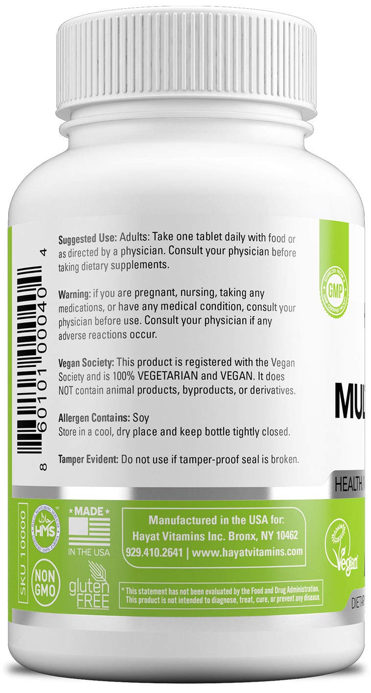 HAYAT Vitamins Vegan Natural Multivitamin, Daily Vitamins with Vitamin A, C, D, E, B1, B2, B3, B6, B12, Biotin, Zinc and More, 2 Month Supply, All Natural, Certified Halal, 60 Tablets, Made in The USA