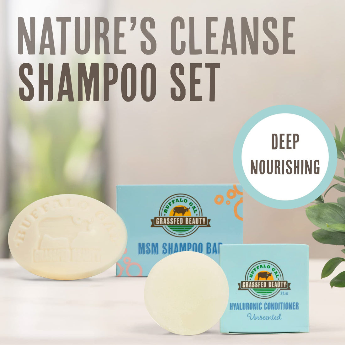 Buffalo Gal Grassfed Beauty - MSM Shampoo Bar + Hyaluronic Hair Conditioner Bar, Solid Bar Shampoo and Conditioner for Hair Growth, Non-Soap, For All Hair Types, Unscented, Set of 2