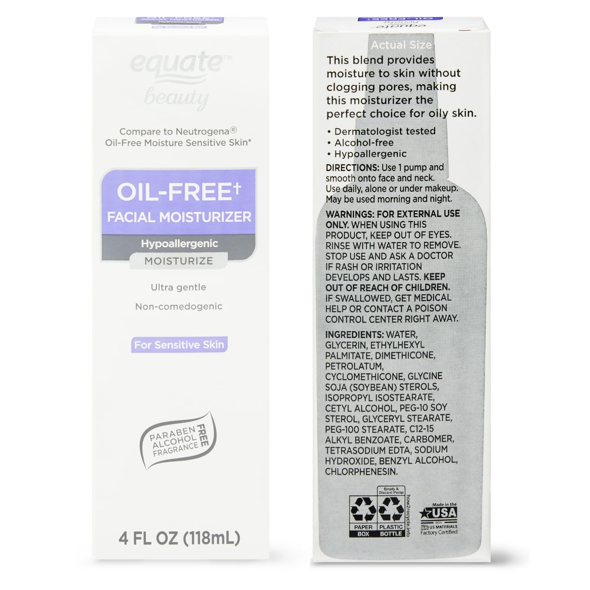 Equate Beauty Oil Free Moisture Daily Hydrating Facial Moisturizer & Neck Cream with Glycerin - Fast Absorbing Ultra Gentle Lightweight Face Lotion 4 fl. oz (Pack of 1)