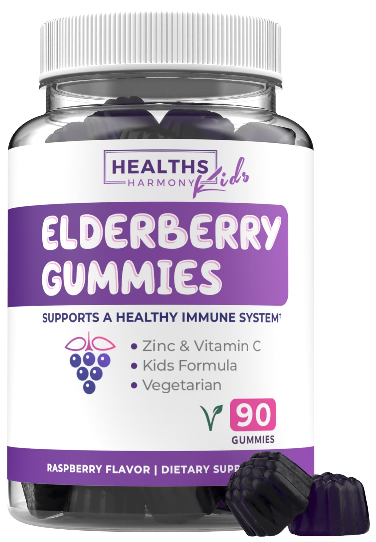 Elderberry Gummies for Kids with Vitamin C & Zinc (3 Months Supply) 90 Delicious Raspberry Flavor Gummy - Immune Support Supplement for Children - Vegetarian Sambucus Elderberry Gummies (No Pills)