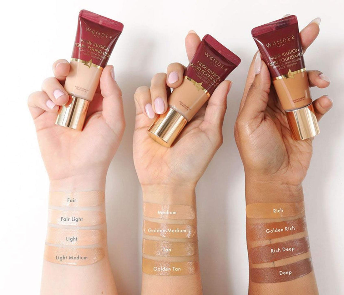Foundation Liquid Makeup - Color Corrector - WANDER BEAUTY NUDE ILLUSION LIQUID FOUNDATION - Vegan Makeup, Buildable, Natural Radiant Finish. Spot Concealer, Covers Blemishes, Redness & Discoloration