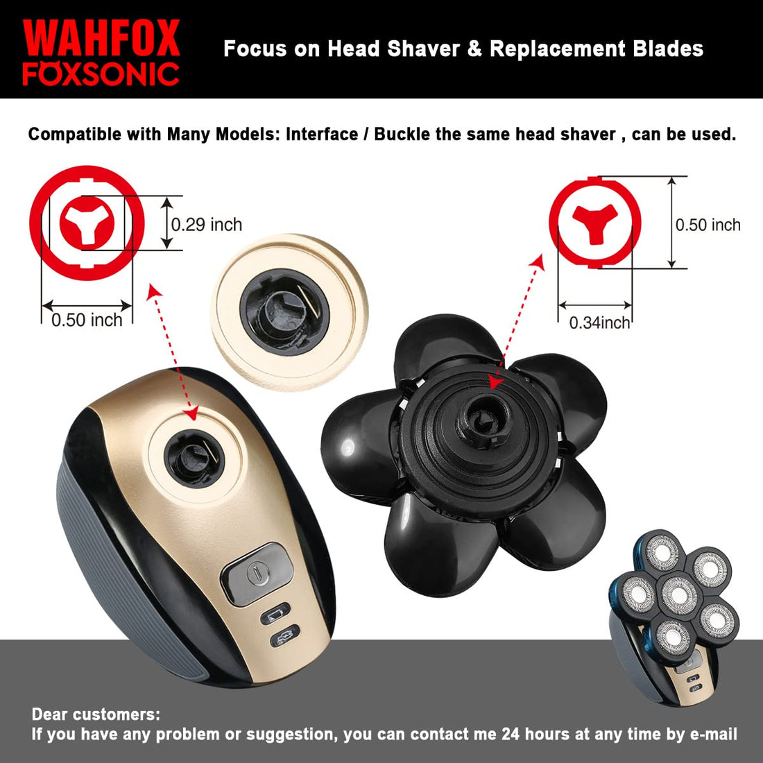 FOXSONIC Universal 6 Blades Replacement Heads for Mainstream Shaver Brands, 5 Blades Head Shaver Replacement Blades, Head Shaver Bald Shaver Replacement Heads with Blade Cover Shaver Head (Black)