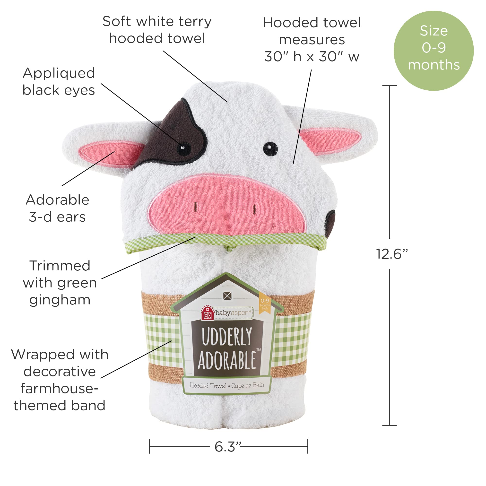 Baby Aspen Utterly Adorable Cow Hooded Towel/Baby Robe, 0-9 Months